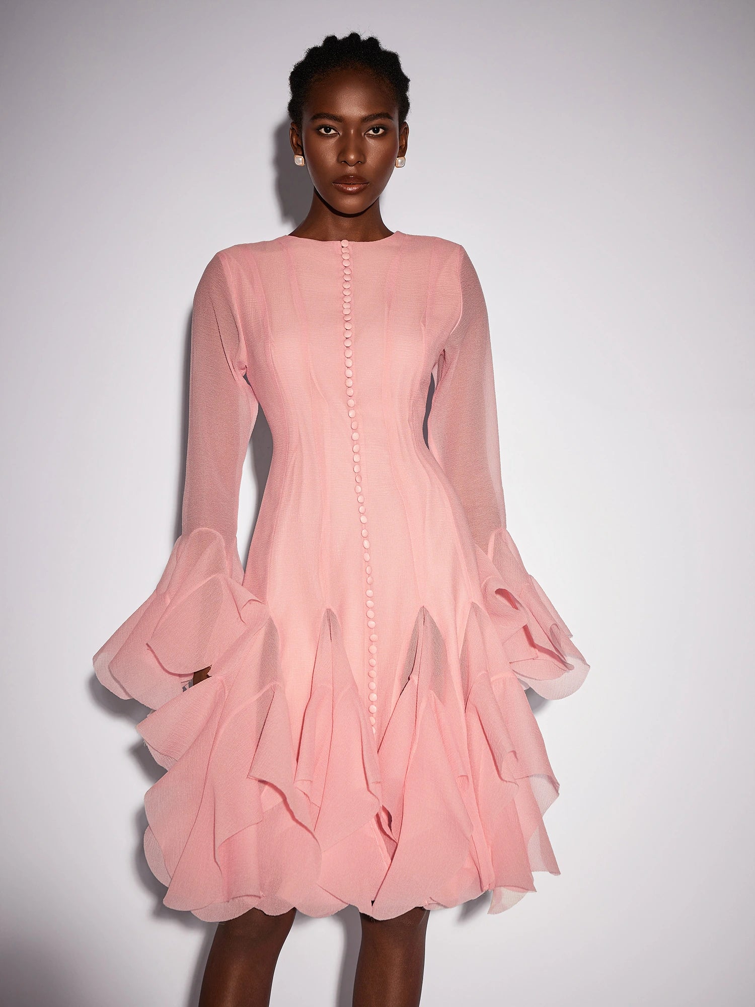 Pink Ruffled Tulle Midi Dress|NOOSGOP