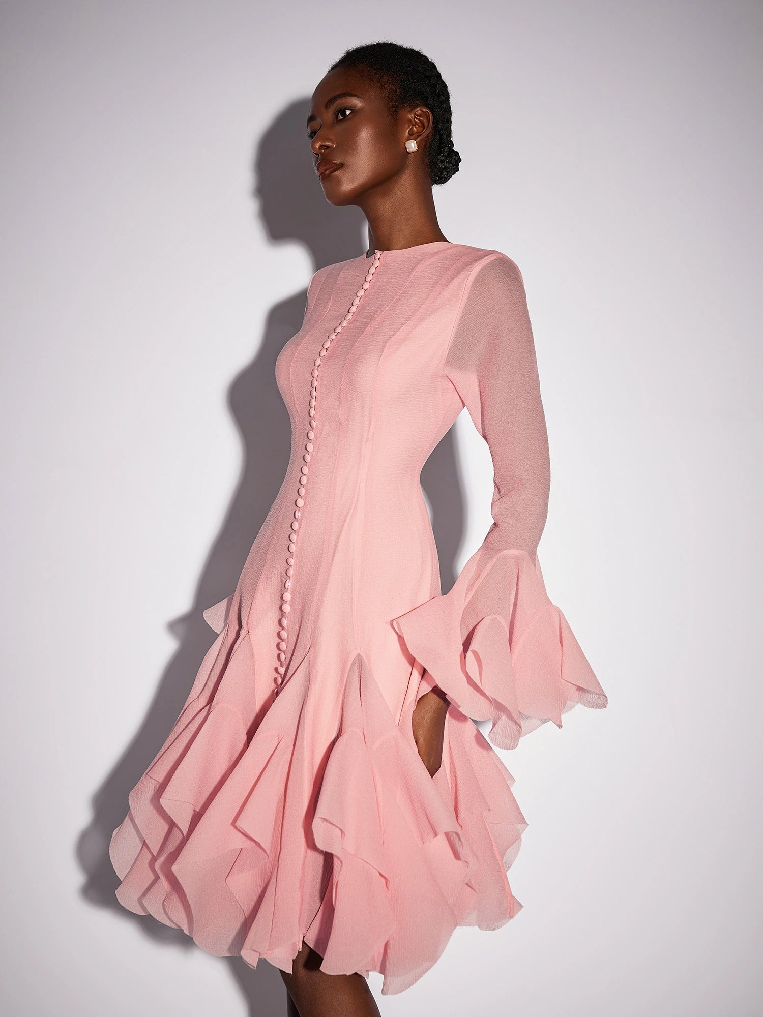 Pink Ruffled Tulle Midi Dress|NOOSGOP
