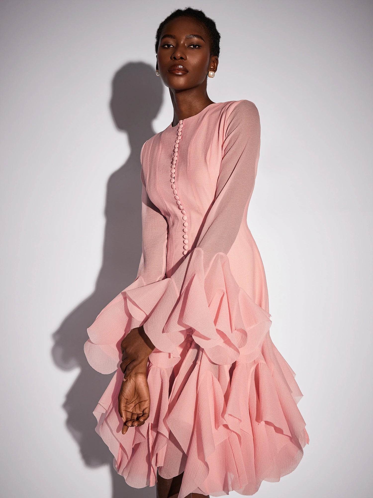 Pink Ruffled Tulle Midi Dress|NOOSGOP