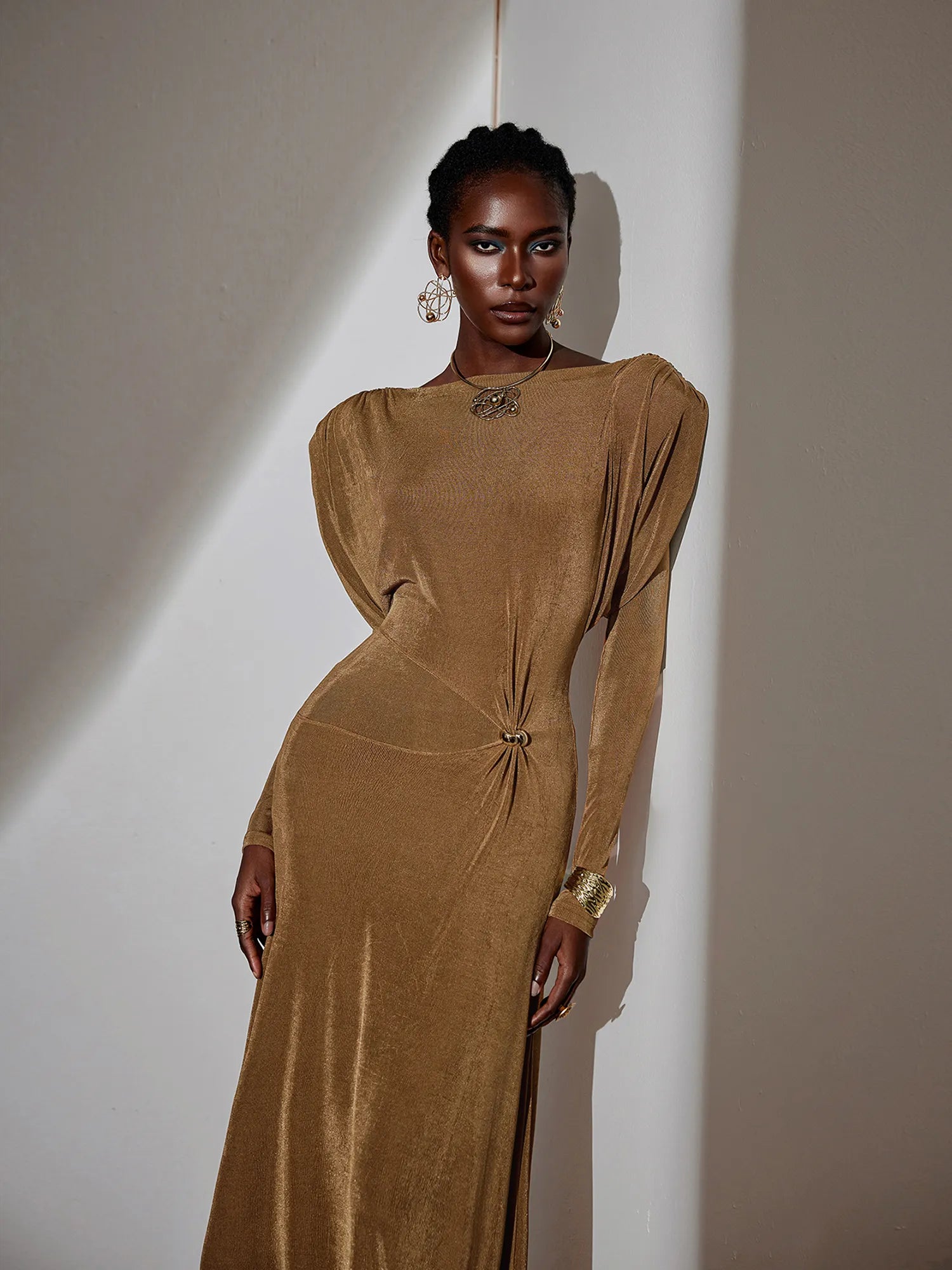 Pleated Bell Sleeve Bardot Neck Maxi Dress|NOOSGOP