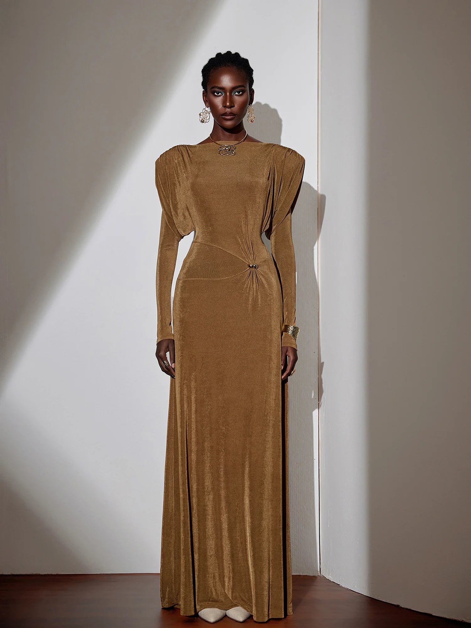 Pleated Bell Sleeve Bardot Neck Maxi Dress|NOOSGOP