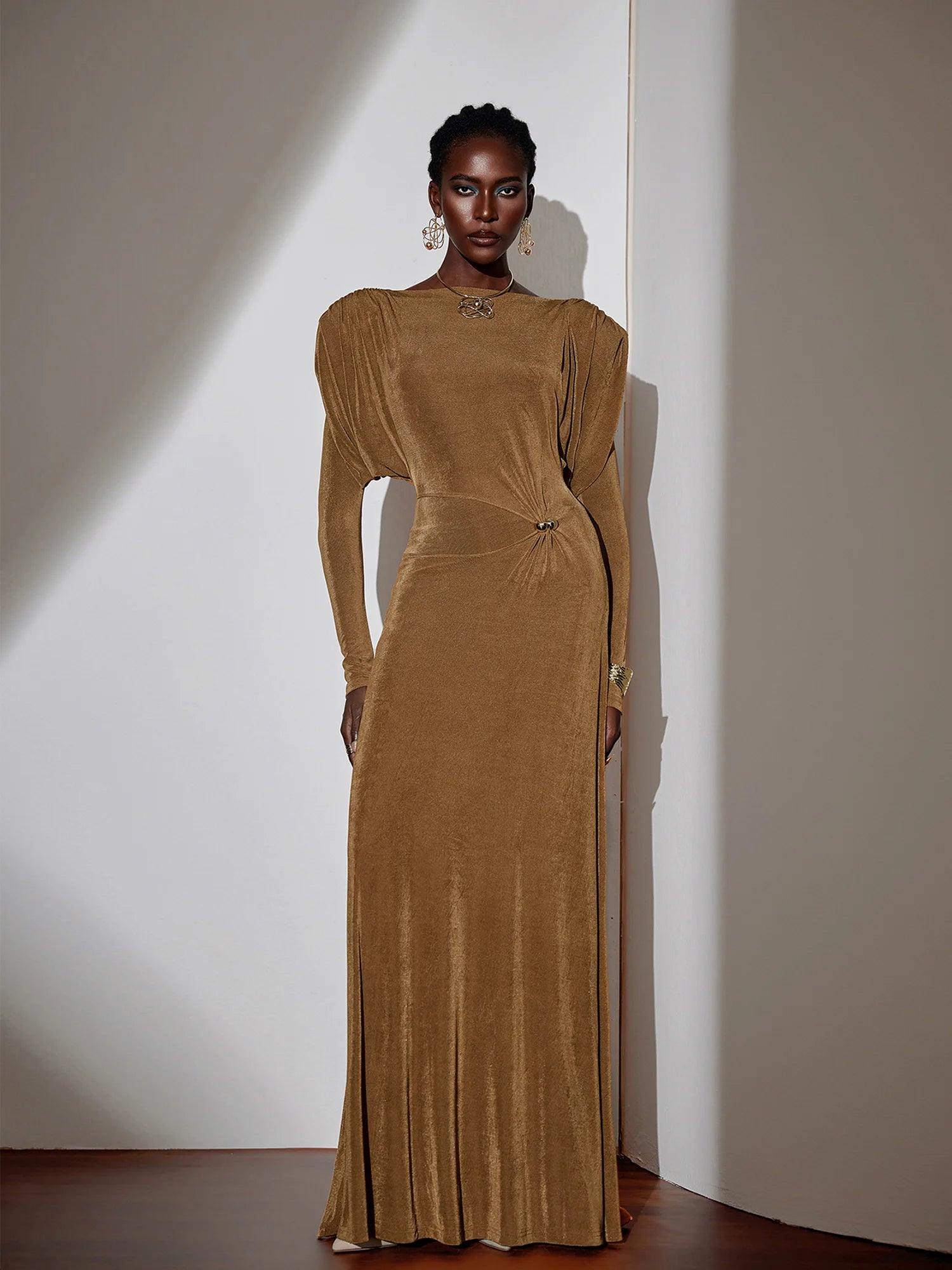 Pleated Bell Sleeve Bardot Neck Maxi Dress|NOOSGOP