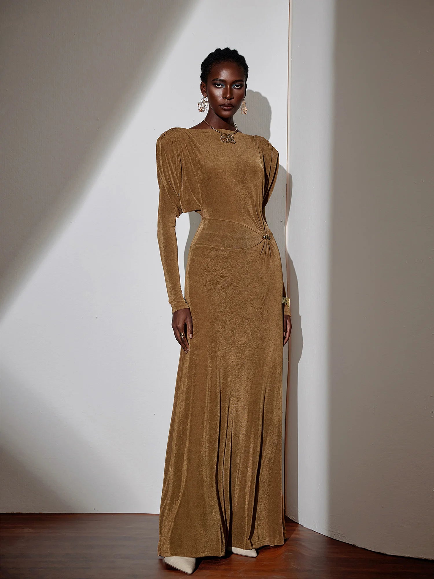 Pleated Bell Sleeve Bardot Neck Maxi Dress|NOOSGOP