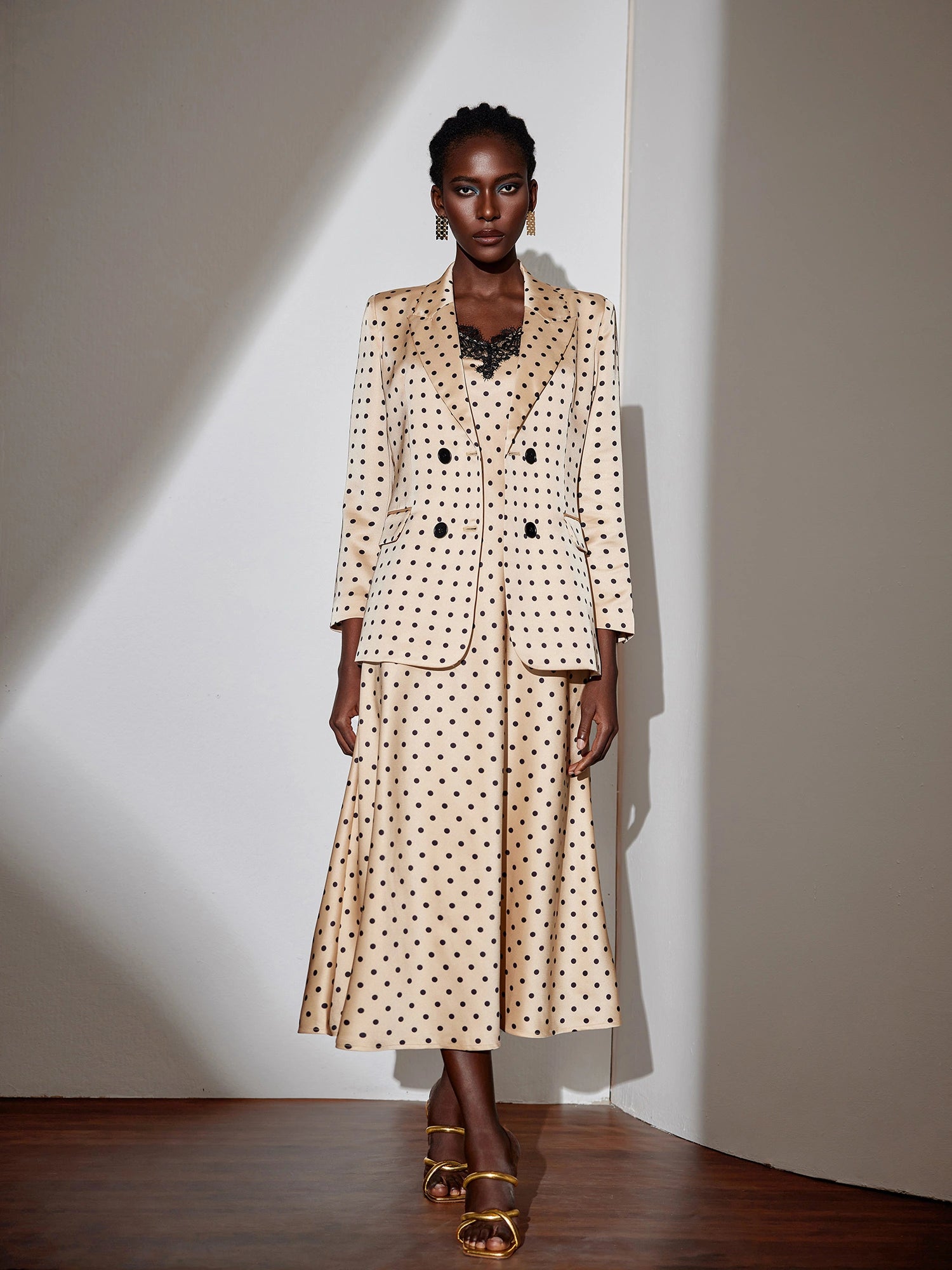 Polka Dot Lace Midi Dress with Blazer Set|NOOSGOP