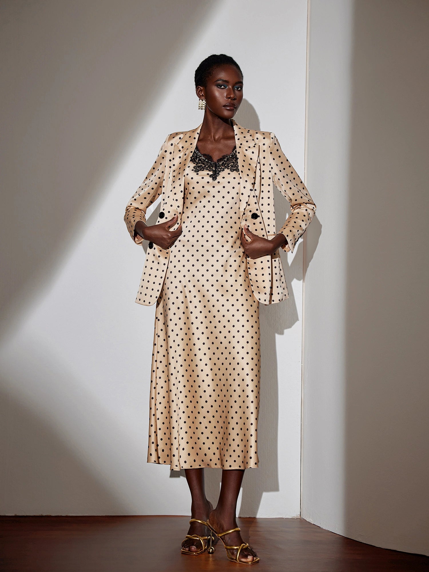 Polka Dot Lace Midi Dress with Blazer Set|NOOSGOP