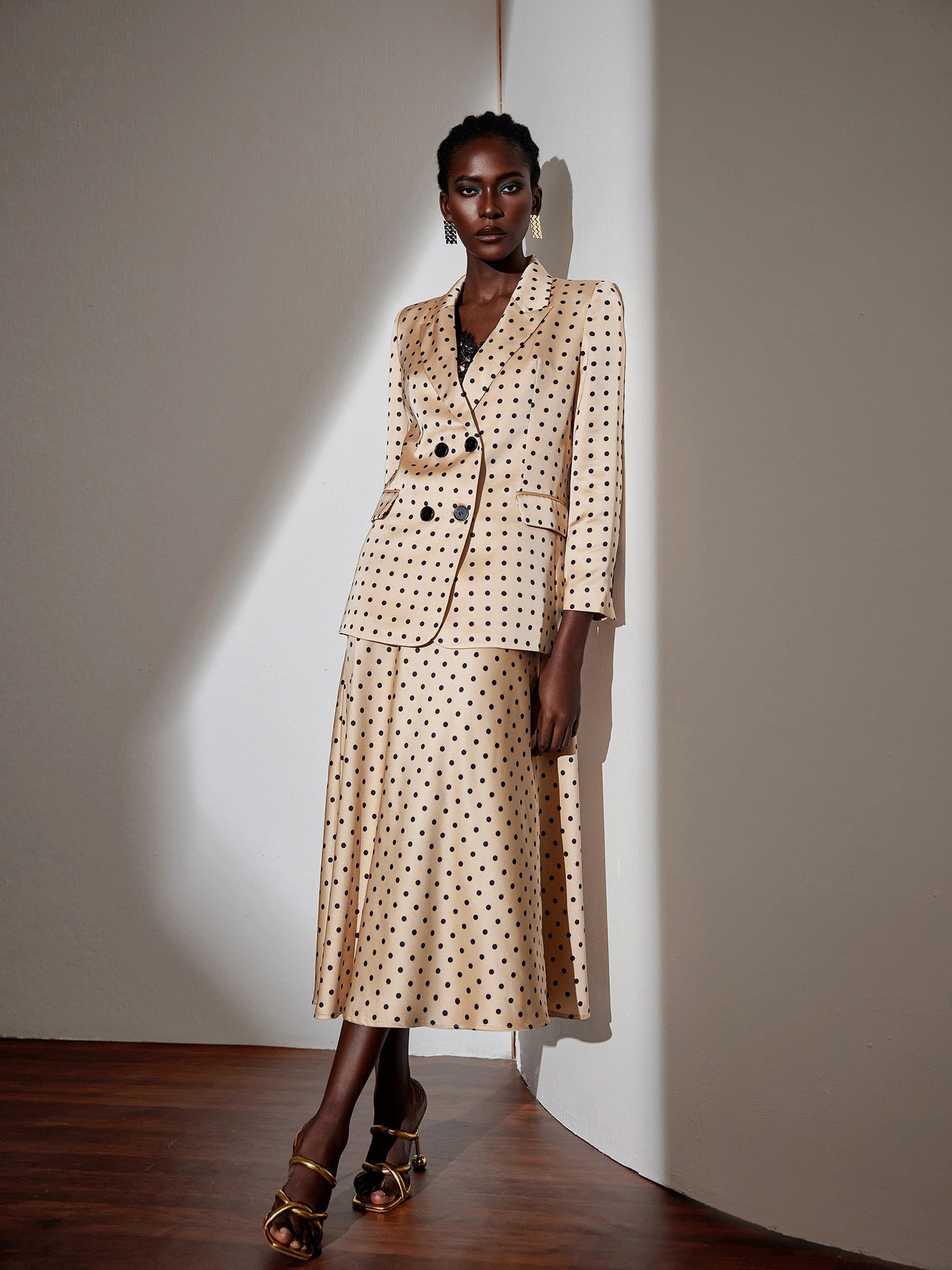 Polka Dot Lace Midi Dress with Blazer Set|NOOSGOP