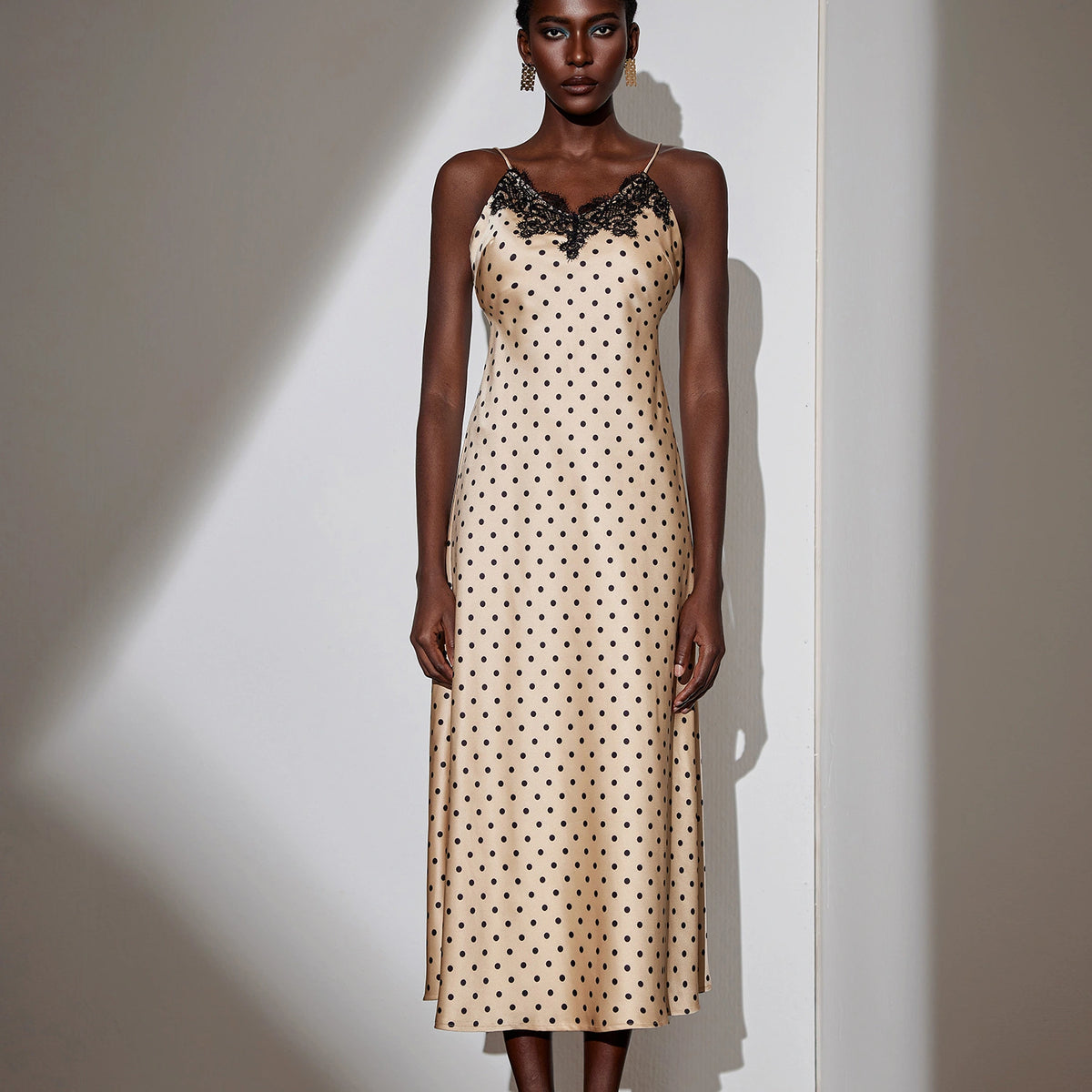Heriipto Polka-Dot Lace-Trim Dress ベージュ Vintage Brown Polka