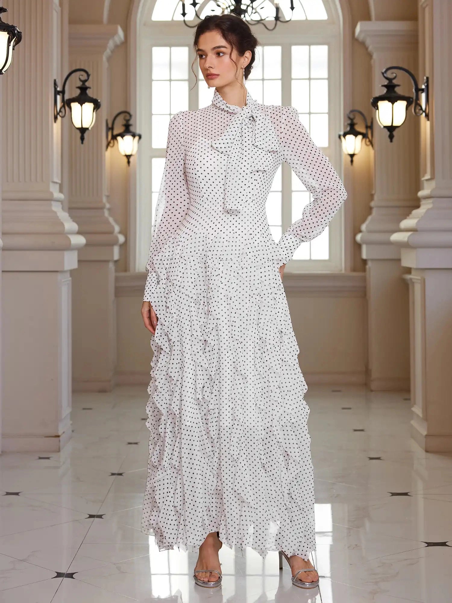 Polka Dot Mock-Neck Office Midi Dress|NOOSGOP
