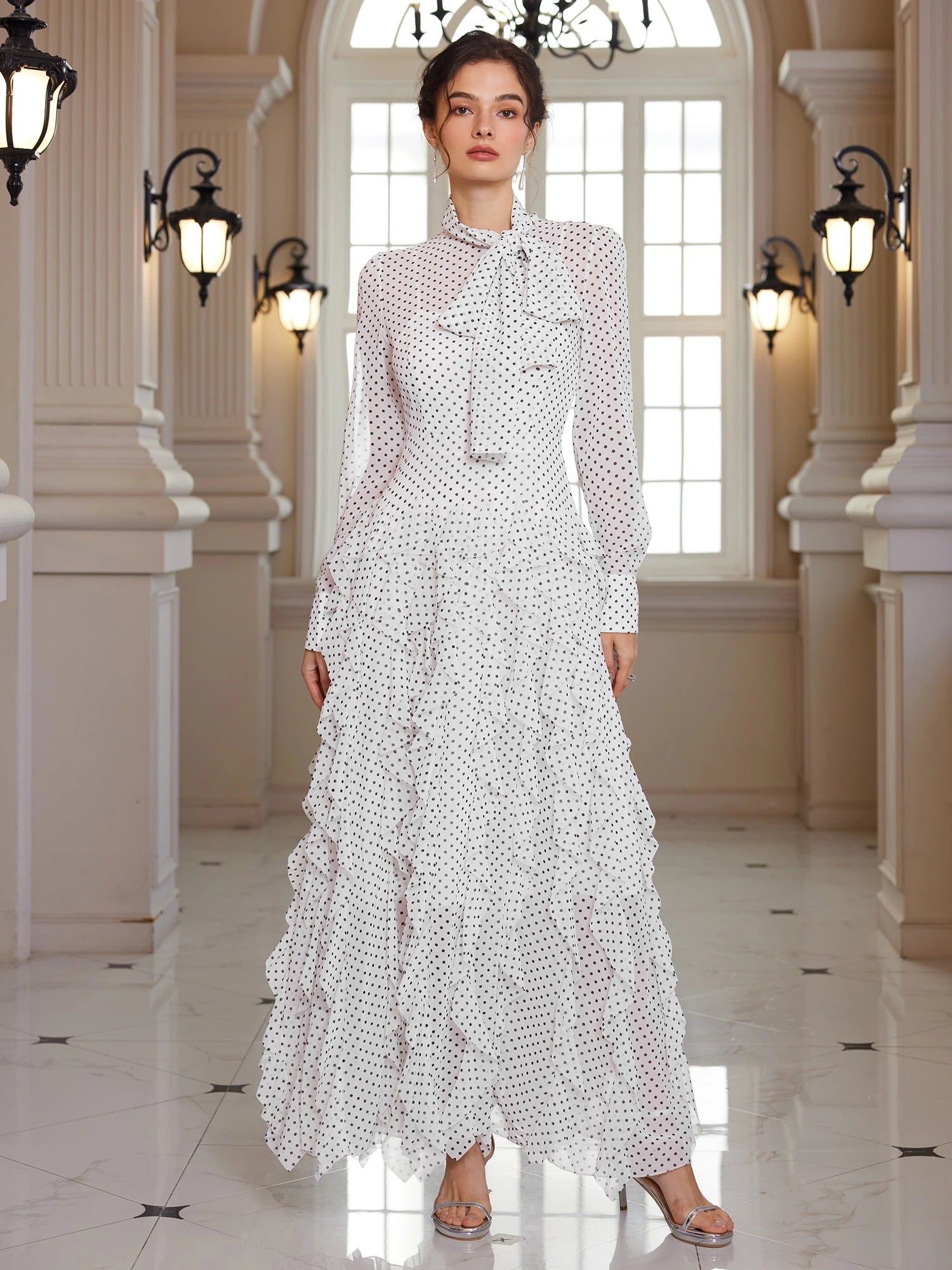 Polka Dot Mock-Neck Office Midi Dress|NOOSGOP