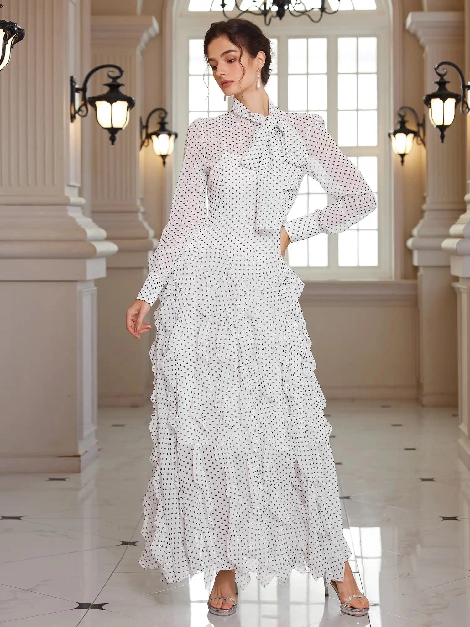 Polka Dot Mock-Neck Office Midi Dress|NOOSGOP