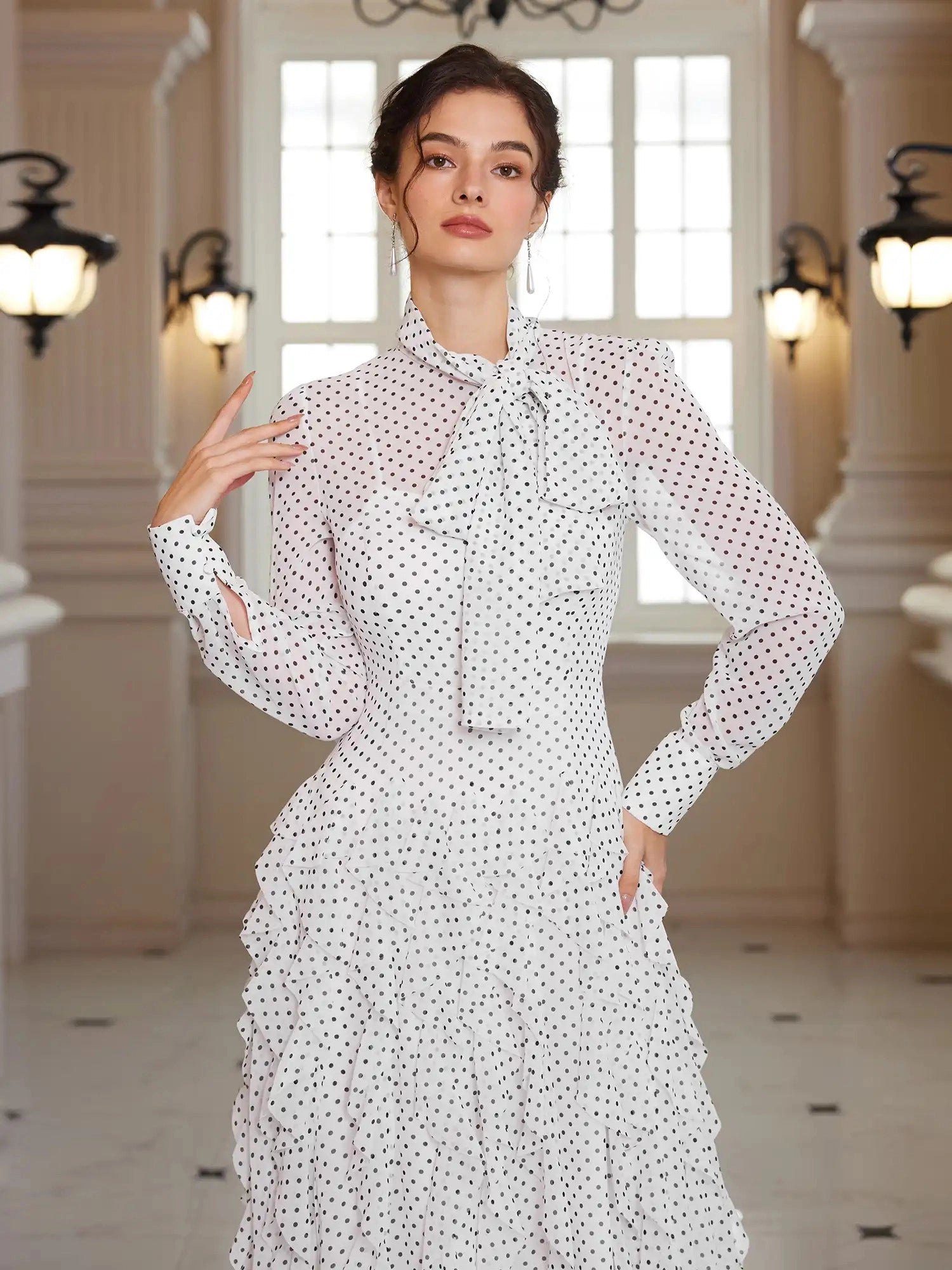 Polka Dot Mock-Neck Office Midi Dress|NOOSGOP