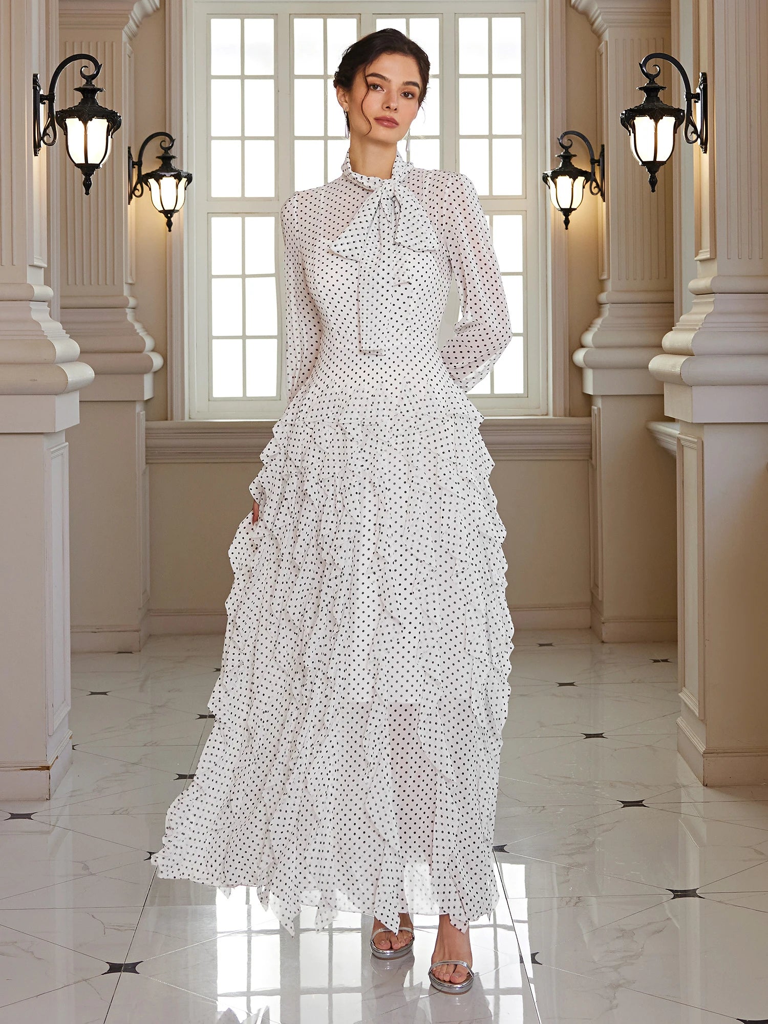 Polka Dot Mock-Neck Office Midi Dress|NOOSGOP