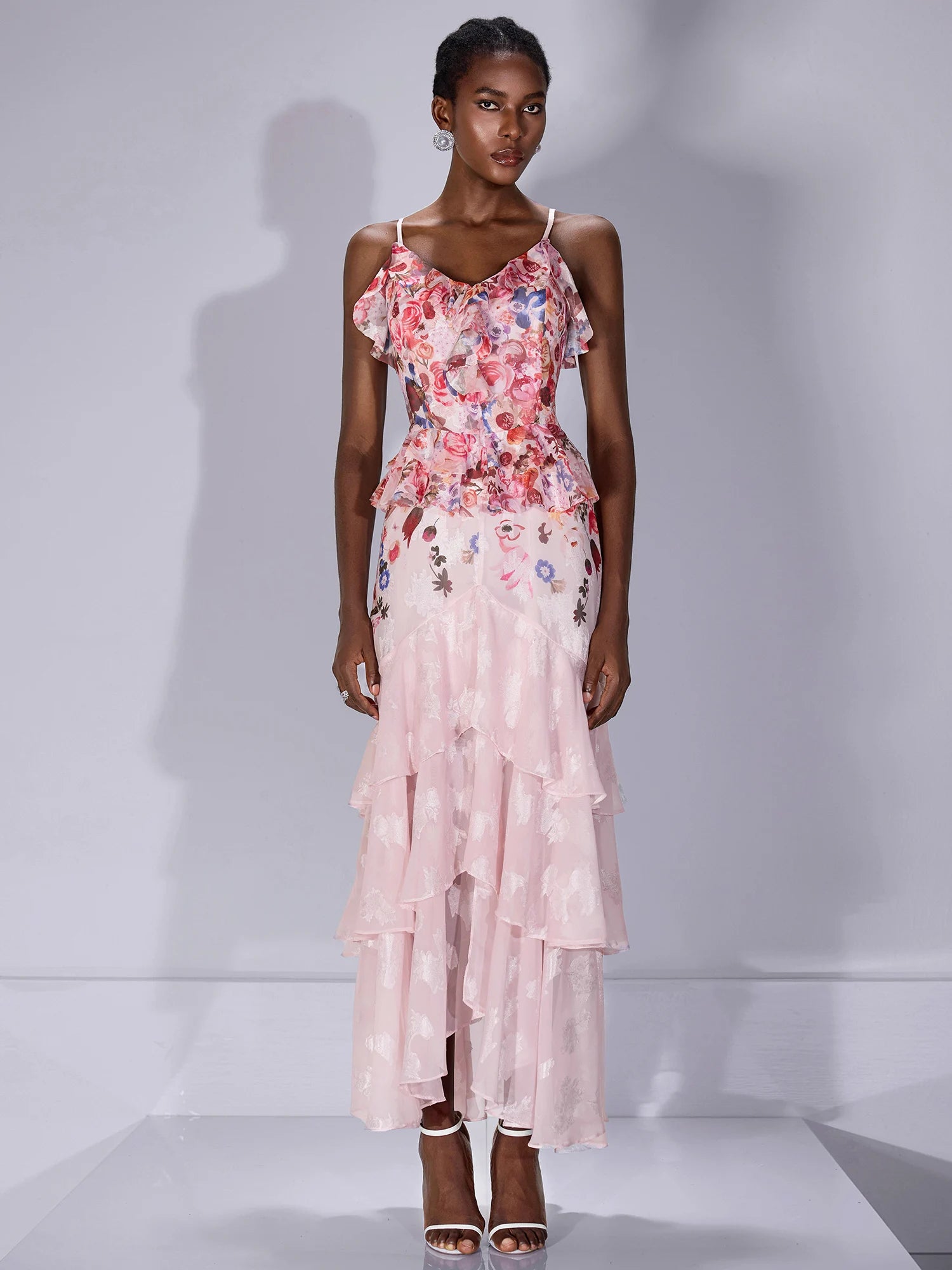 Printed Ruffle-Hem Strap Midi Dress|NOOSGOP