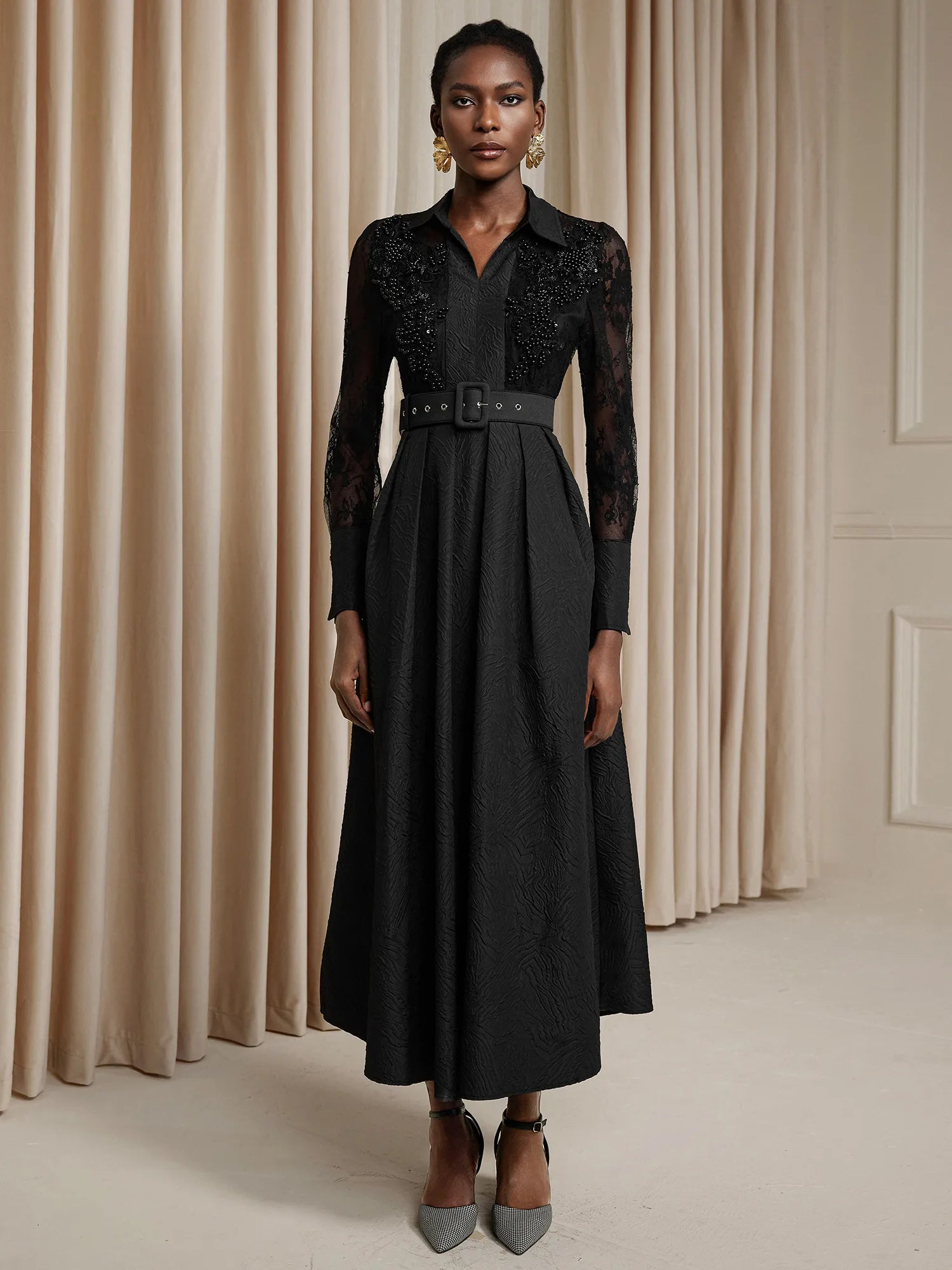 Printed Sheer Beaded Maxi Dress with Belt|NOOSGOP