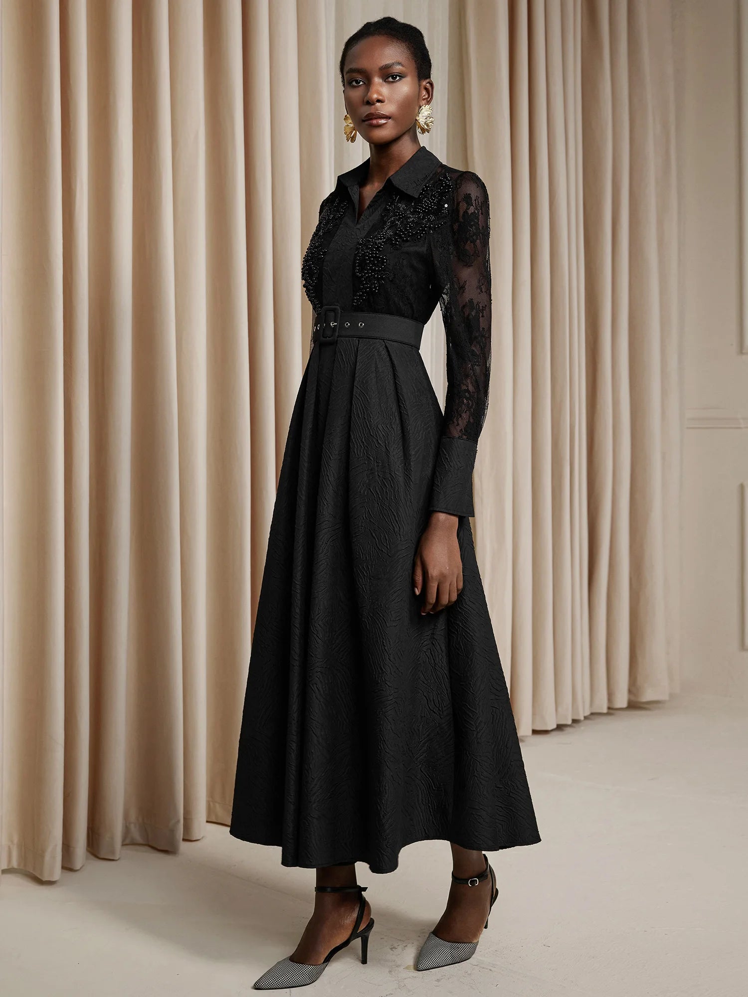 Printed Sheer Beaded Maxi Dress with Belt|NOOSGOP