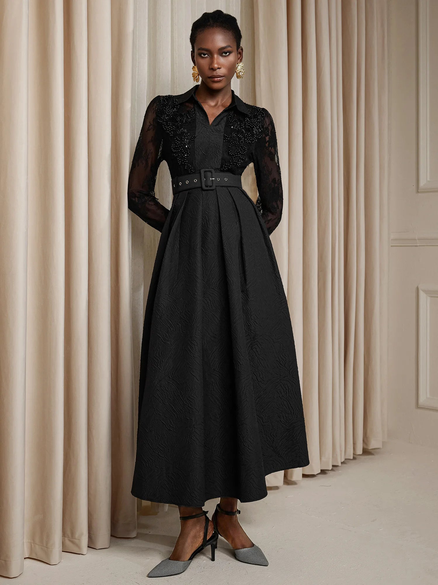 Printed Sheer Beaded Maxi Dress with Belt|NOOSGOP