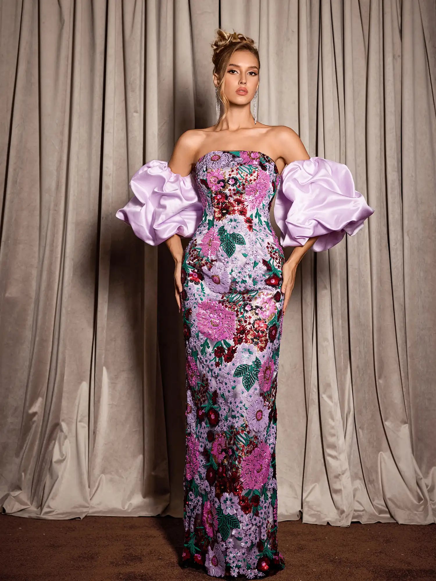 Puff Sleeve Floral Evening Maxi Dress|NOOSGOP