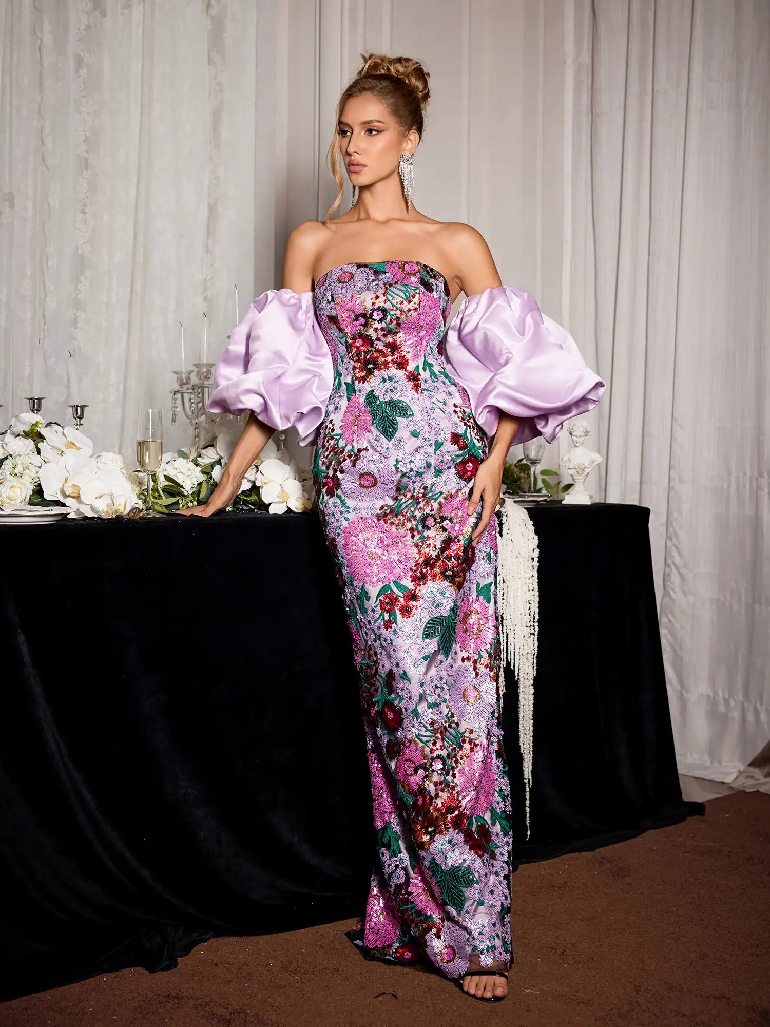 Puff Sleeve Floral Evening Maxi Dress|NOOSGOP
