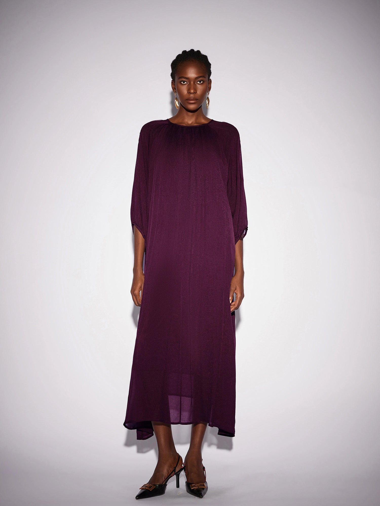 Purple Crew Neck Mesh Midi Dress|NOOSGOP