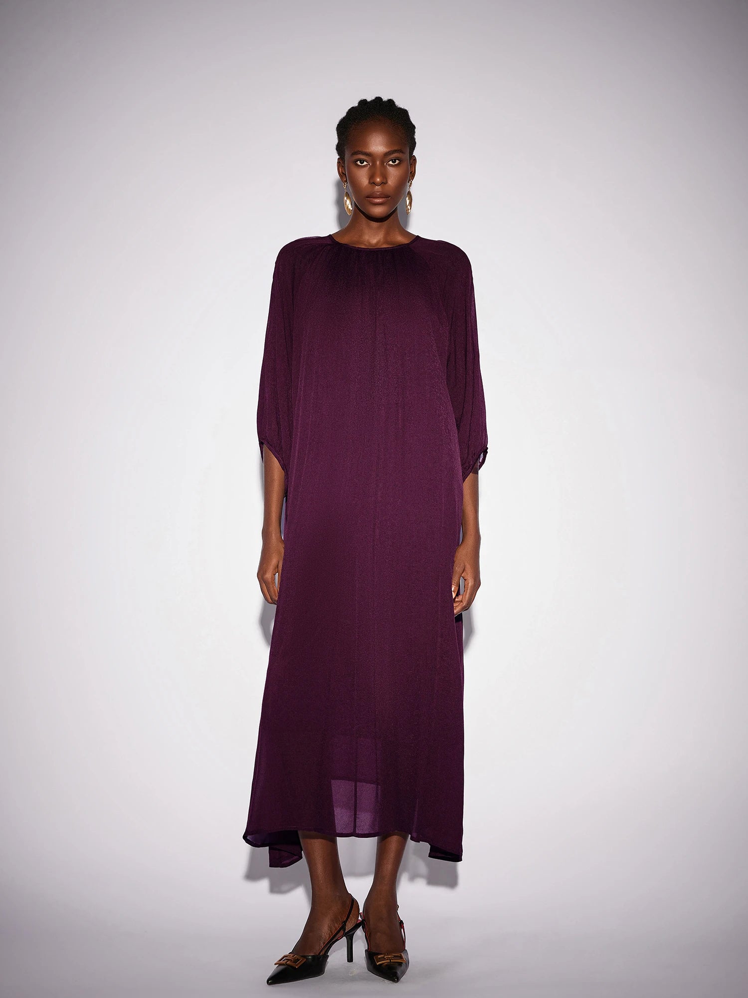Purple Crew Neck Mesh Midi Dress|NOOSGOP