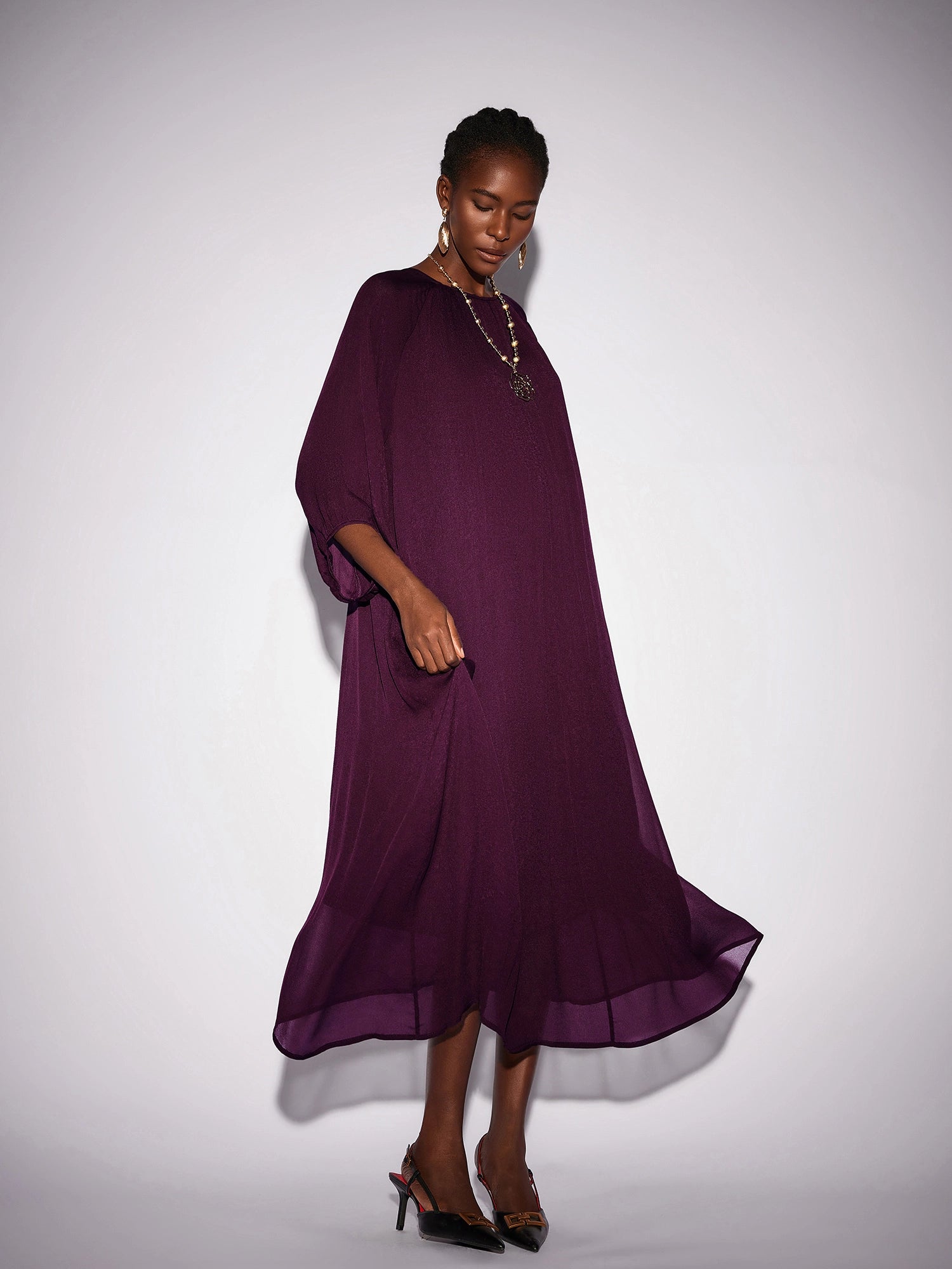 Purple Crew Neck Mesh Midi Dress|NOOSGOP