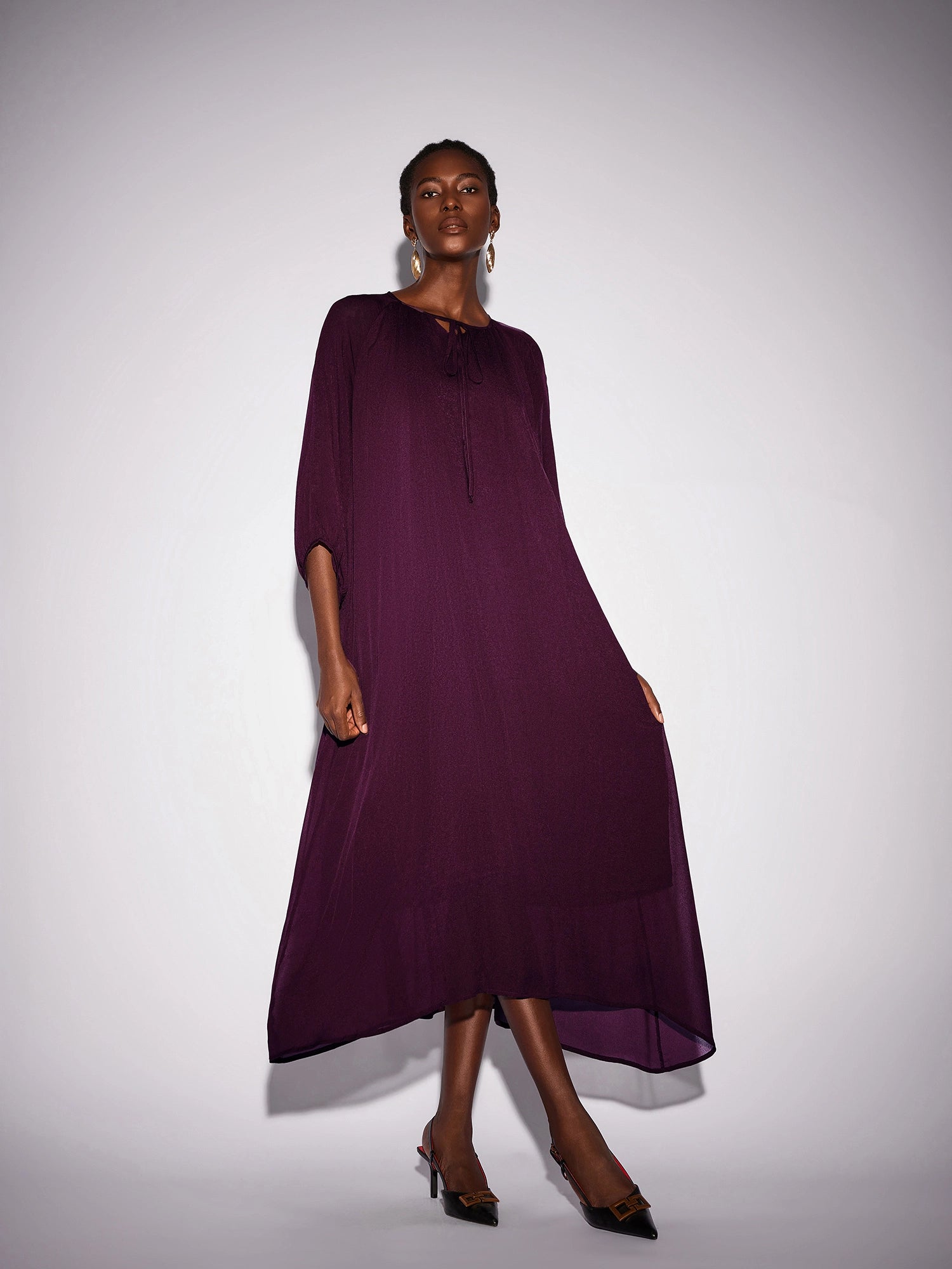 Purple Crew Neck Mesh Midi Dress|NOOSGOP