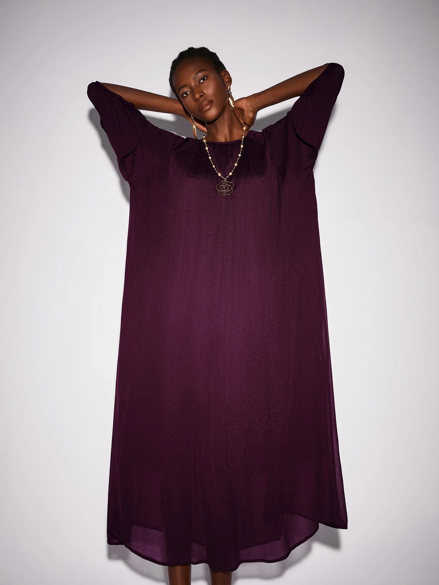 Purple Crew Neck Mesh Midi Dress|NOOSGOP