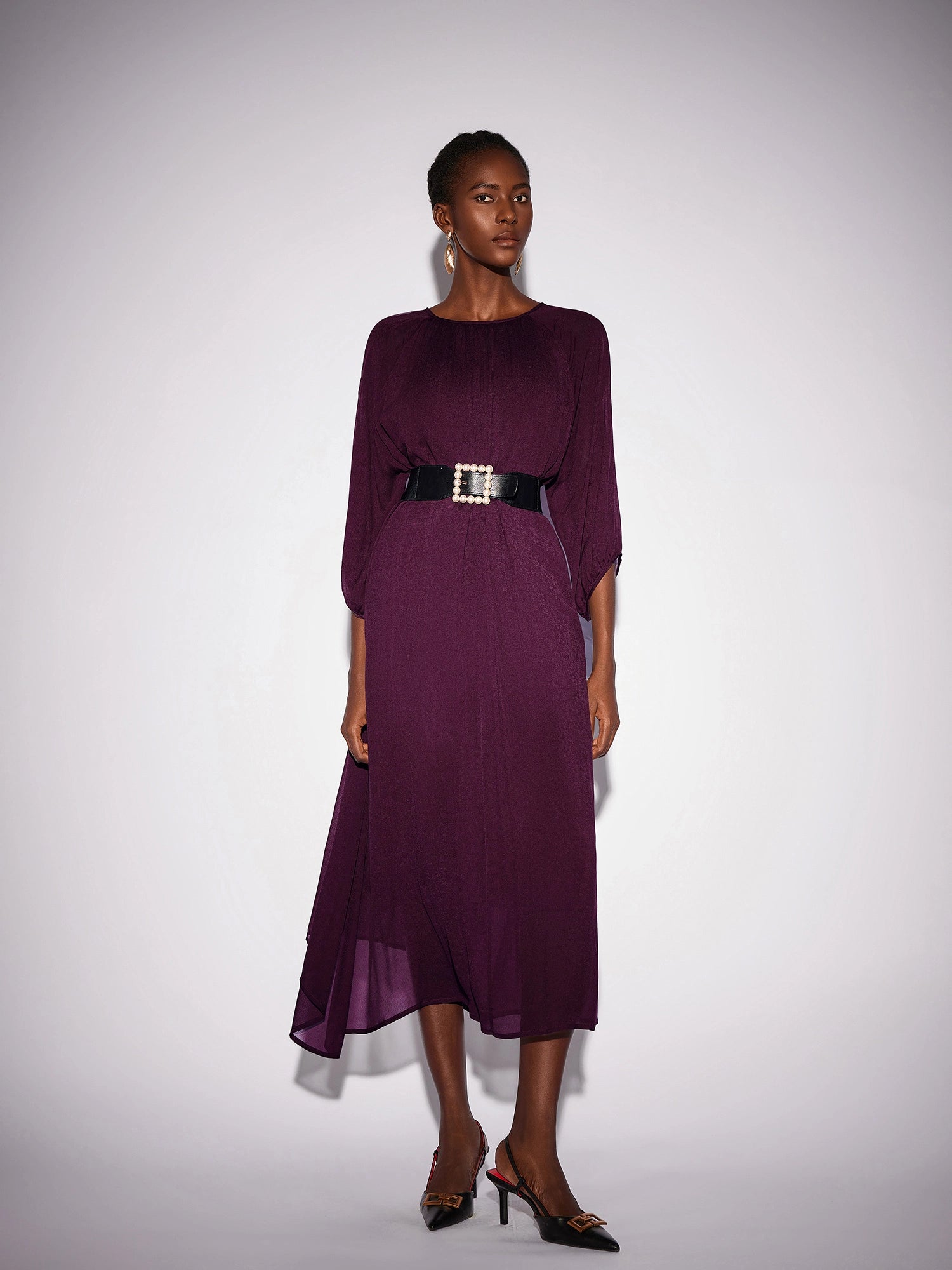 Purple Crew Neck Mesh Midi Dress|NOOSGOP