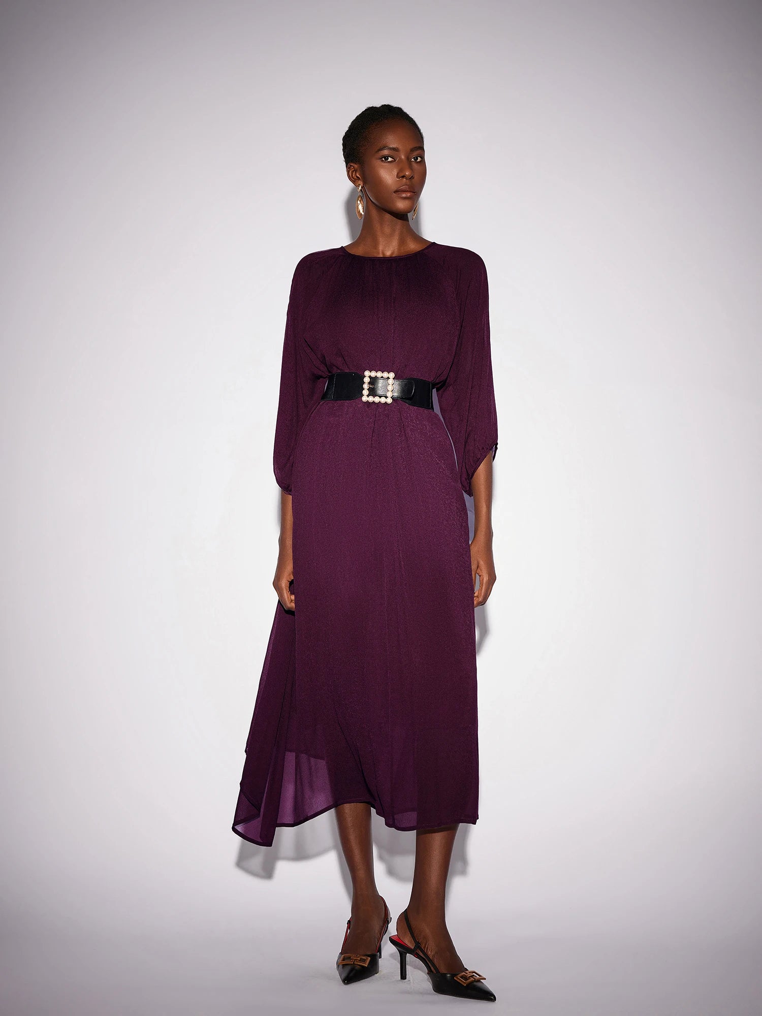 Purple Crew Neck Mesh Midi Dress|NOOSGOP