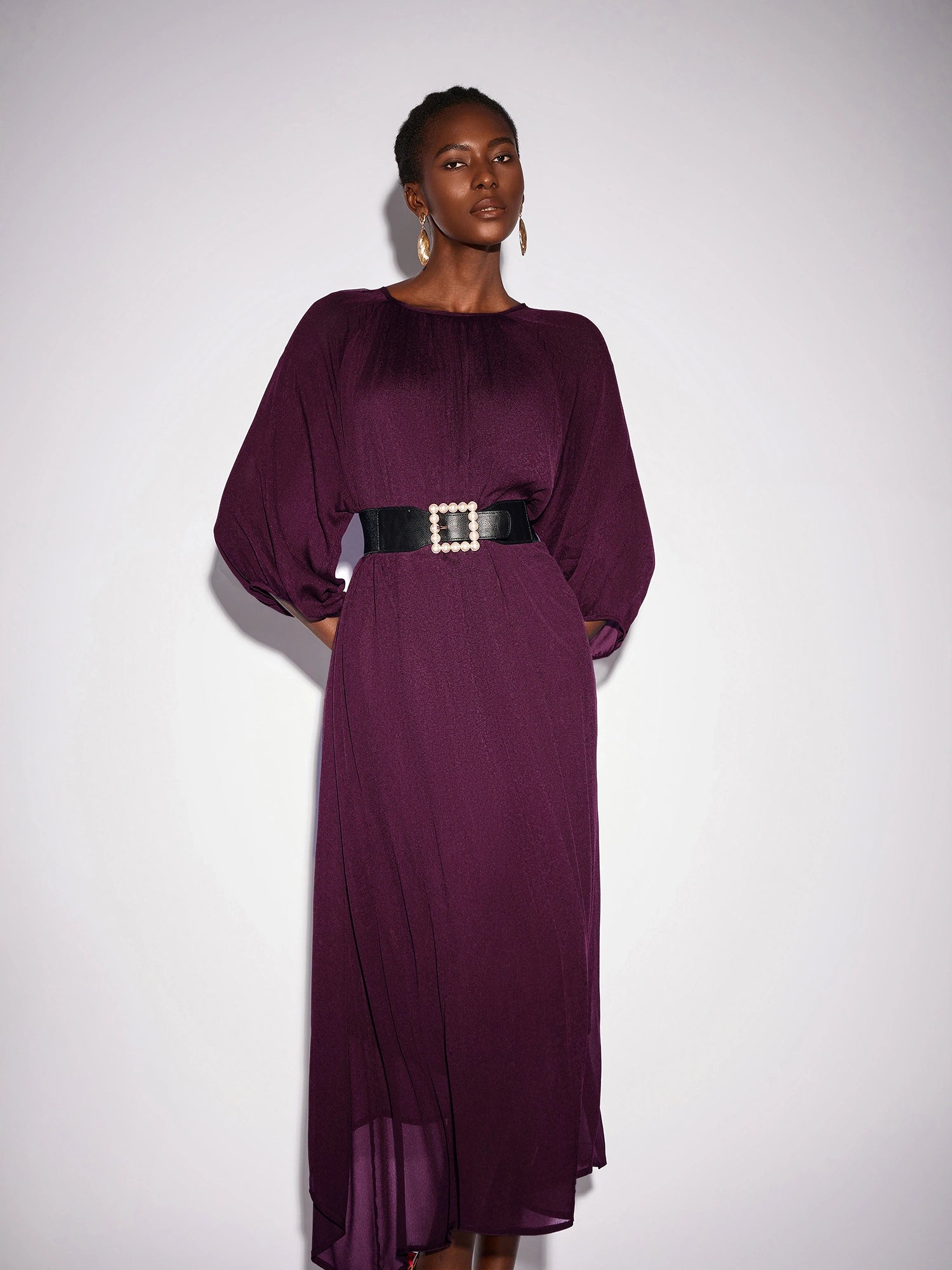 Purple Crew Neck Mesh Midi Dress|NOOSGOP