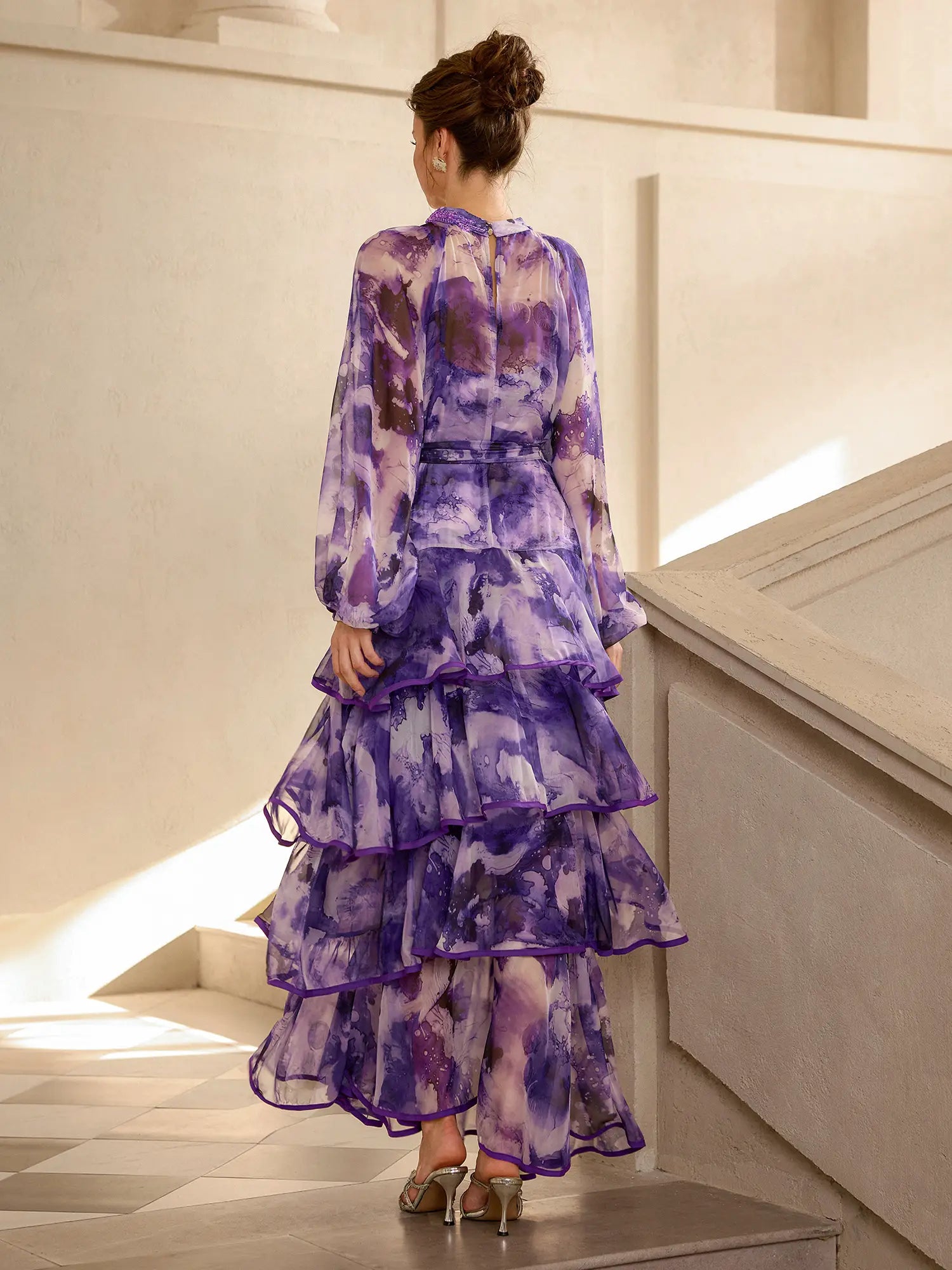 Purple Floral Statement Collar Midi Dress|NOOSGOP