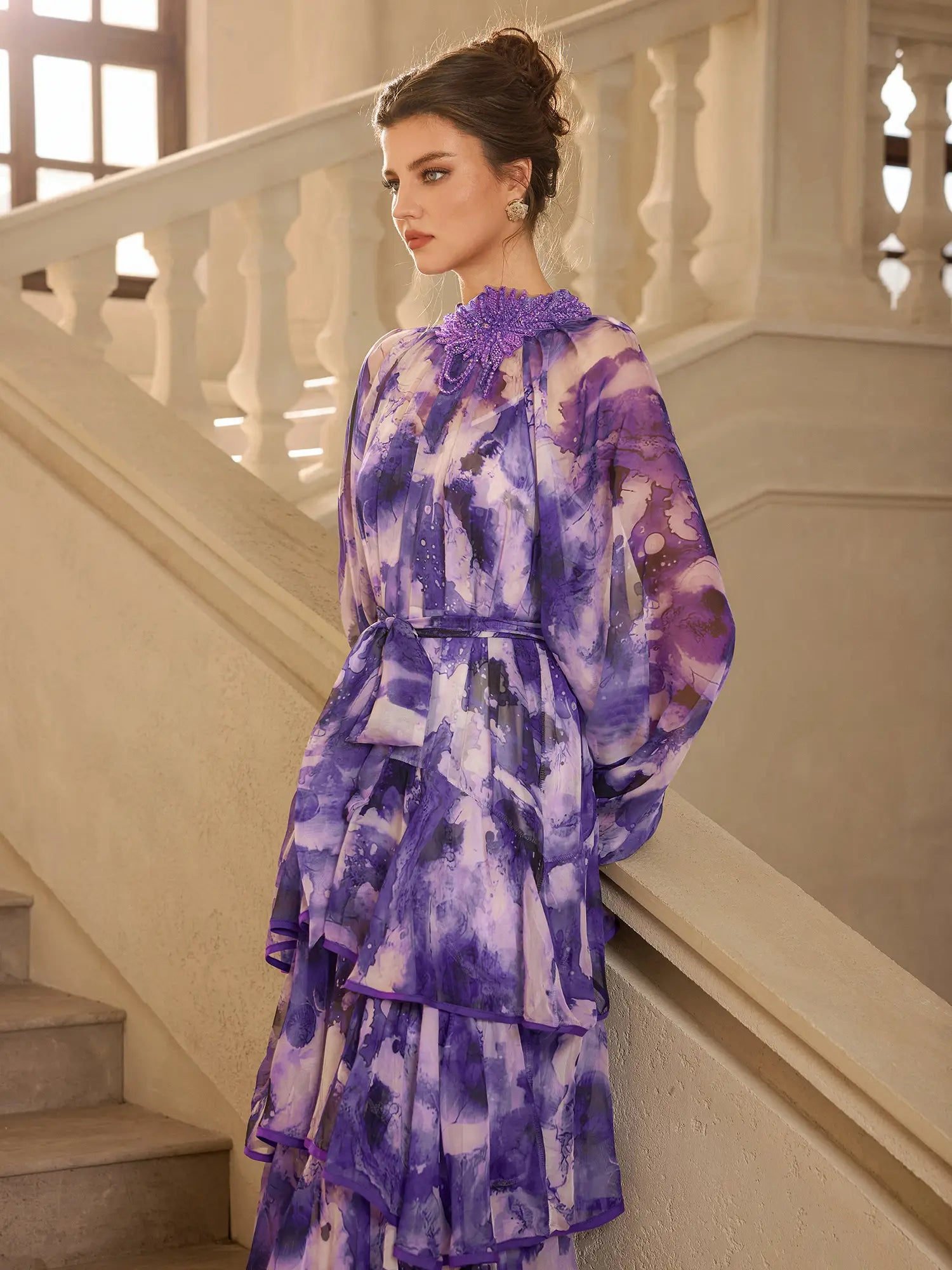 Purple Floral Statement Collar Midi Dress|NOOSGOP
