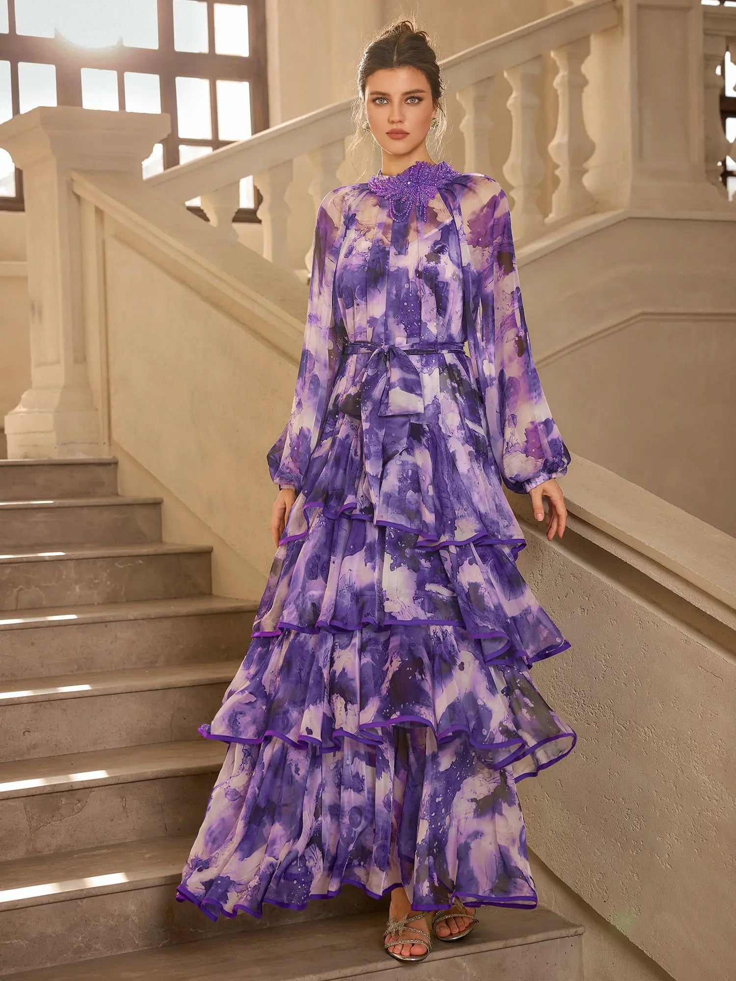 Purple Floral Statement Collar Midi Dress|NOOSGOP