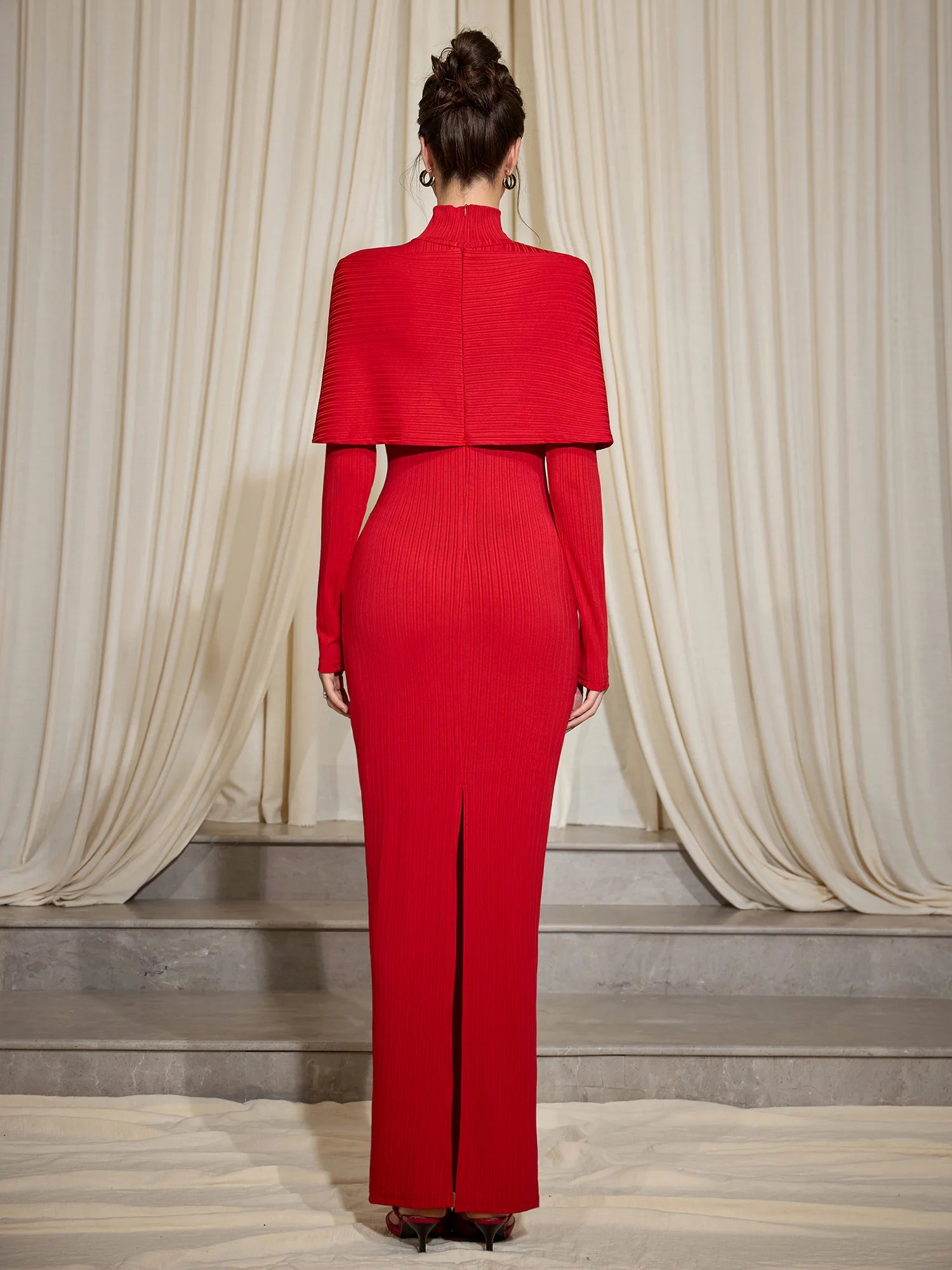 Red Ribbed Cross Wrap Turtleneck Midi Dress|NOOSGOP