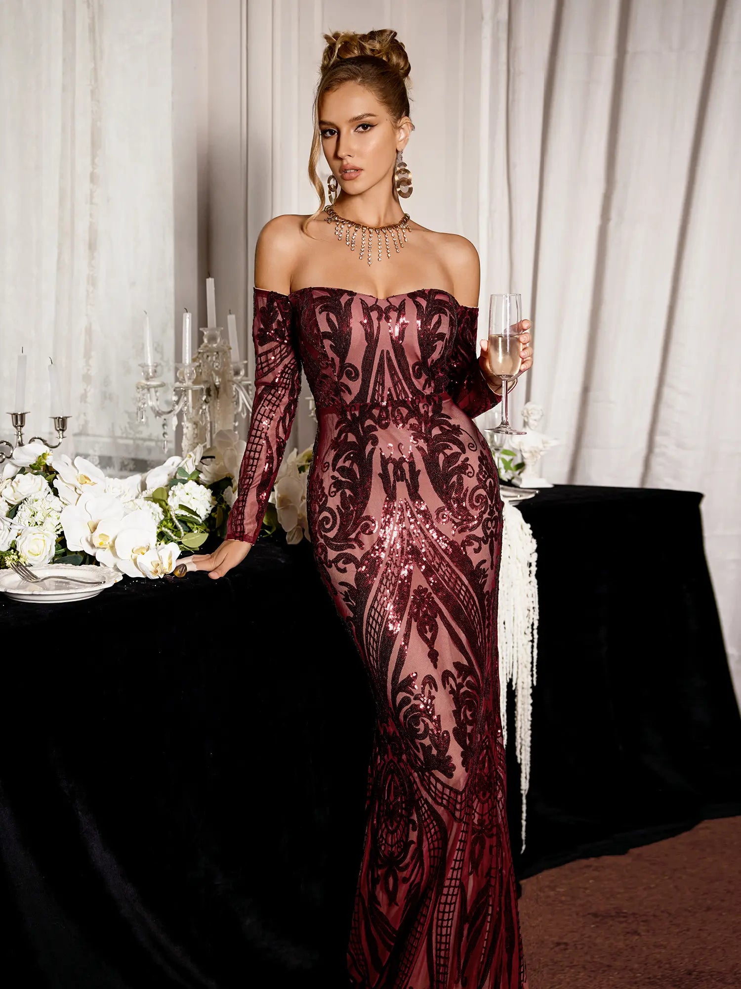 Red Sequin Pattern Evening Maxi Dress|NOOSGOP