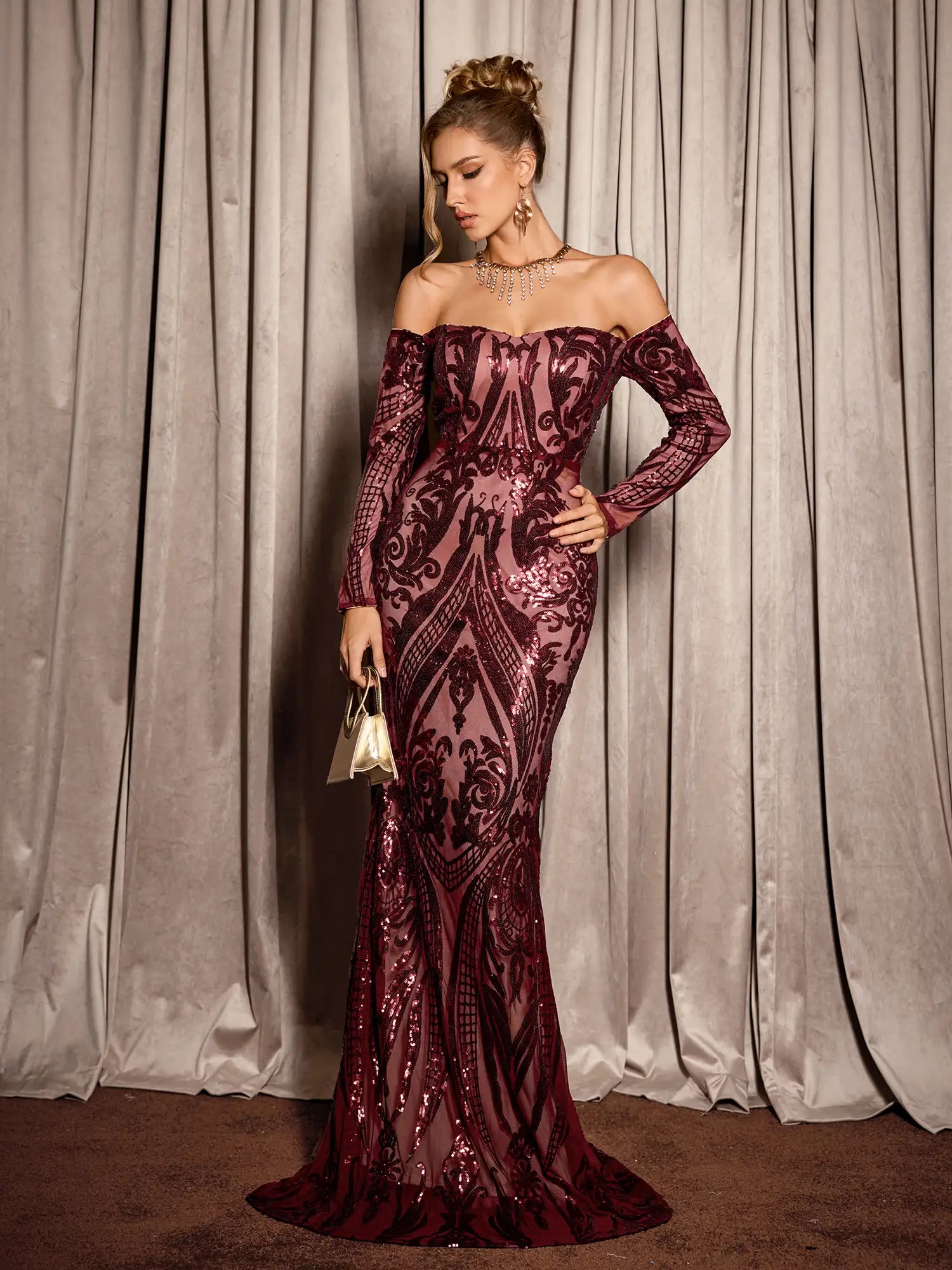 Red Sequin Pattern Evening Maxi Dress|NOOSGOP