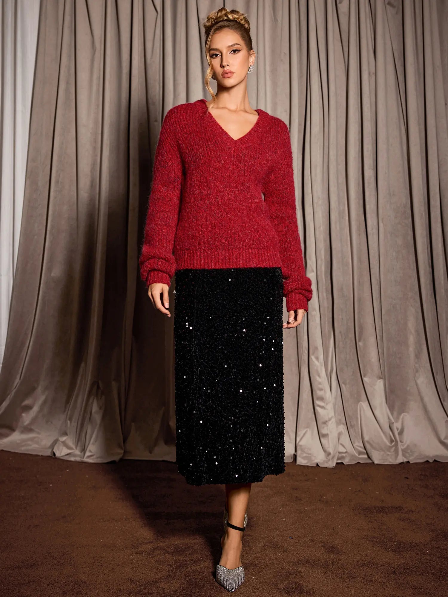 Red V-Neck Elegant Daily Knit Sweater|NOOSGOP