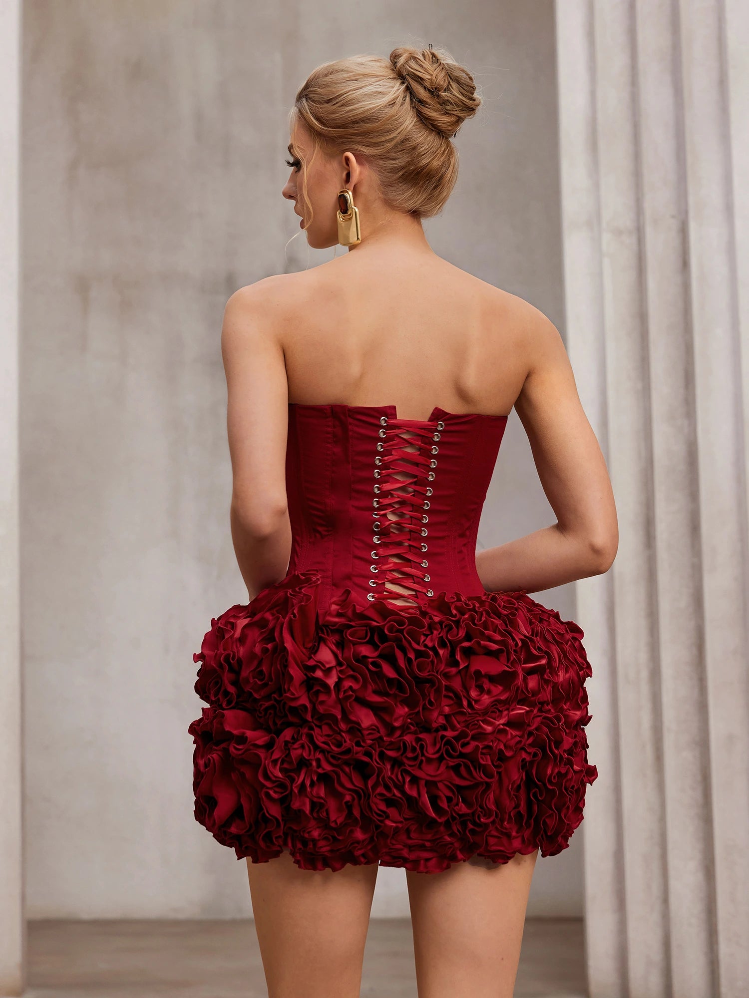 Red fluffy strapless mini dress|NOOSGOP