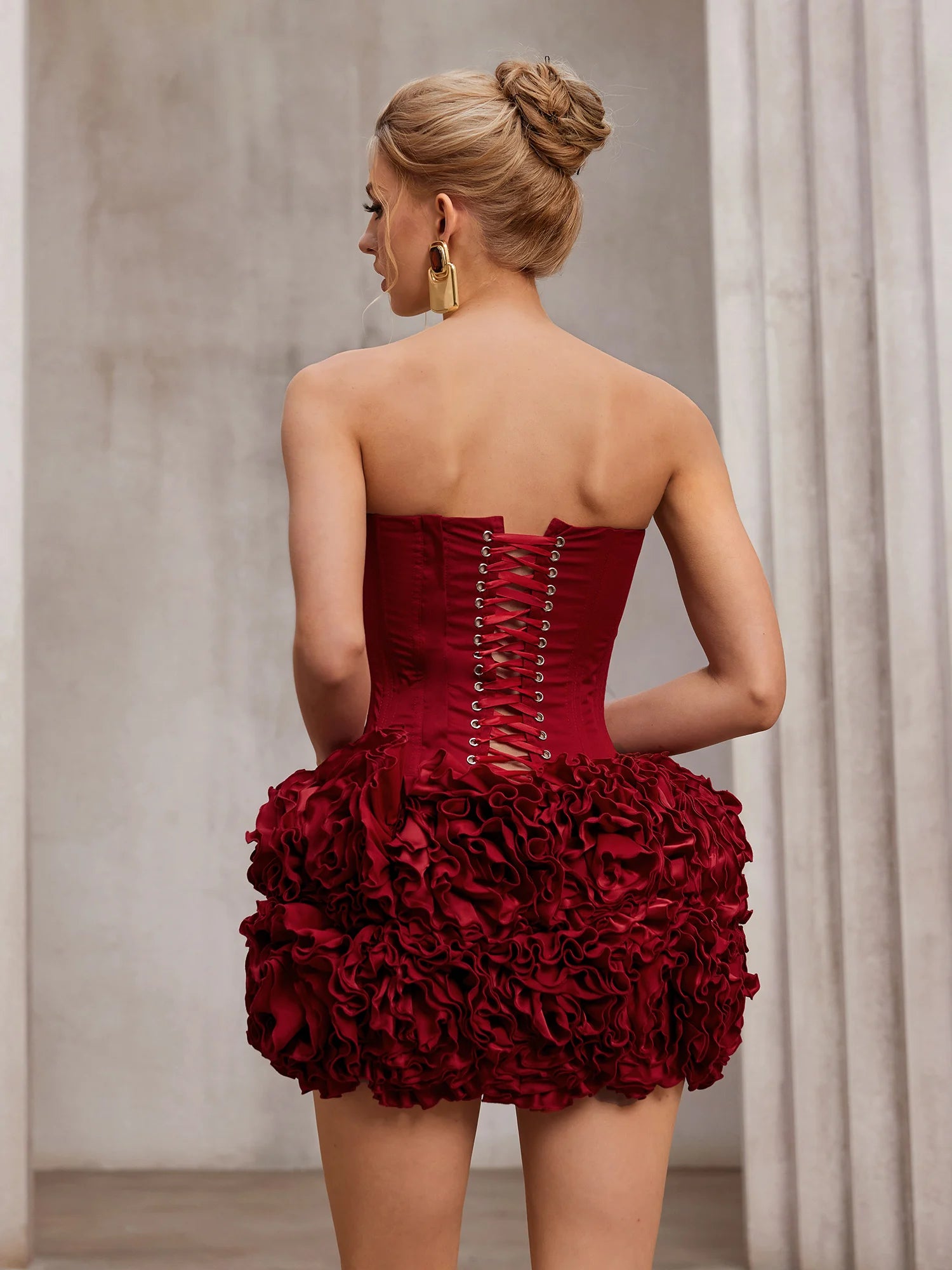 Red fluffy strapless mini dress|NOOSGOP