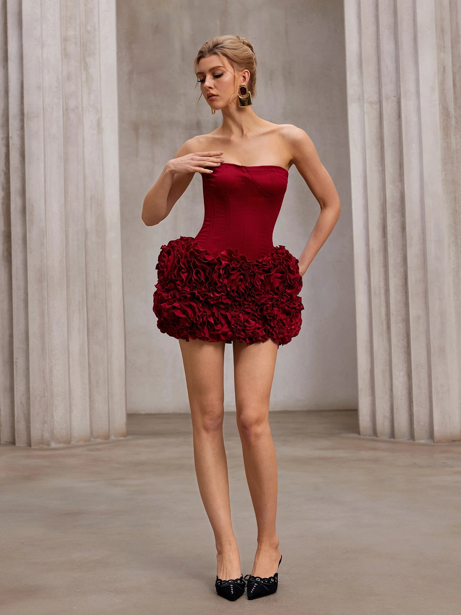 Red fluffy strapless mini dress|NOOSGOP