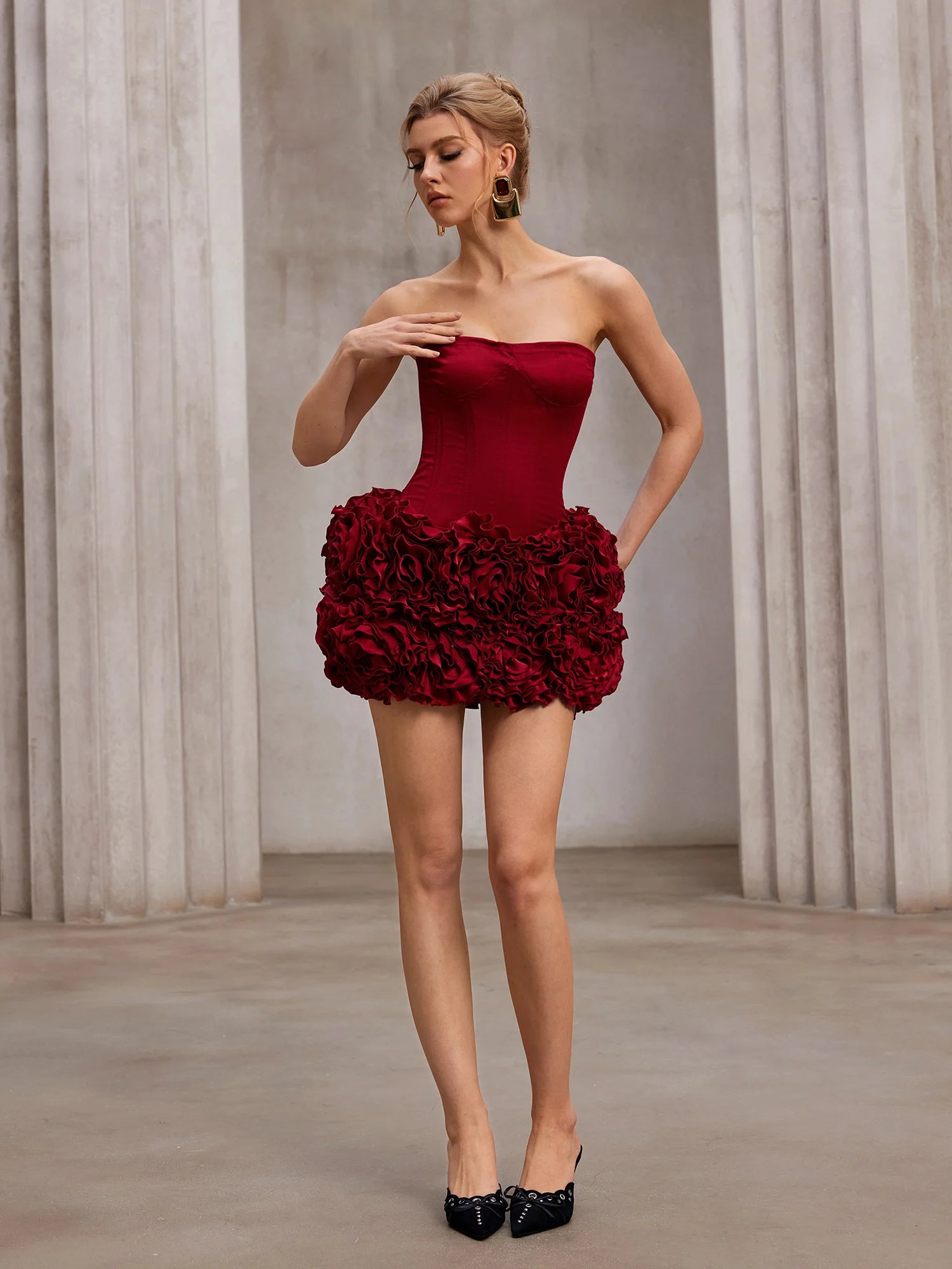Red fluffy strapless mini dress|NOOSGOP