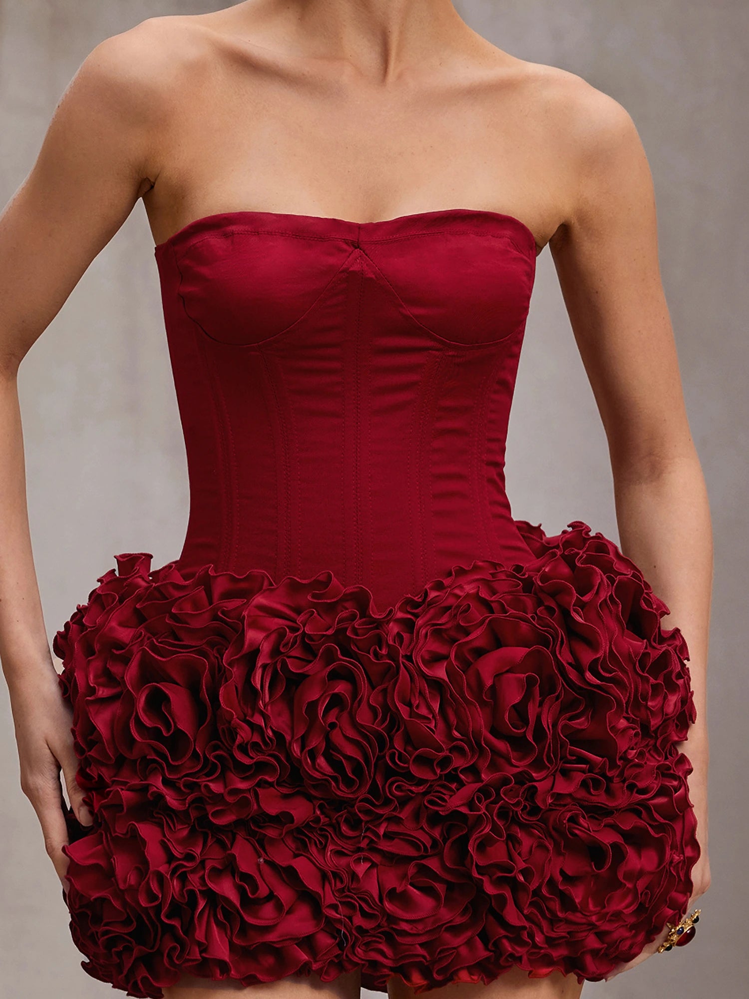 Red fluffy strapless mini dress|NOOSGOP