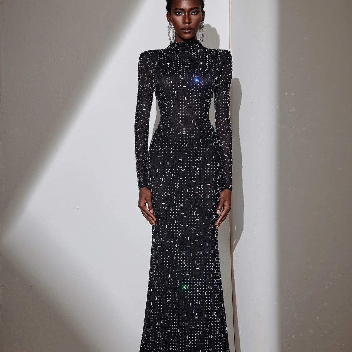 Black Evening Dress – Sheer Mesh with Diamond Embellishments Black / S