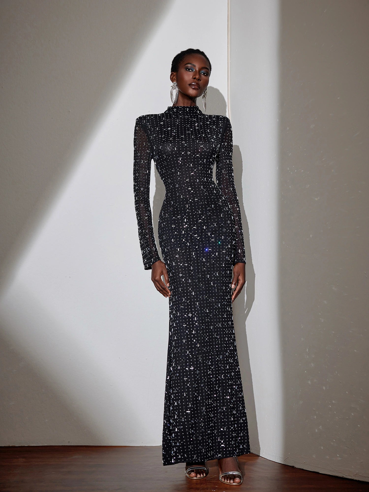 Rhinestone Mesh Fitted Maxi Dress|NOOSGOP