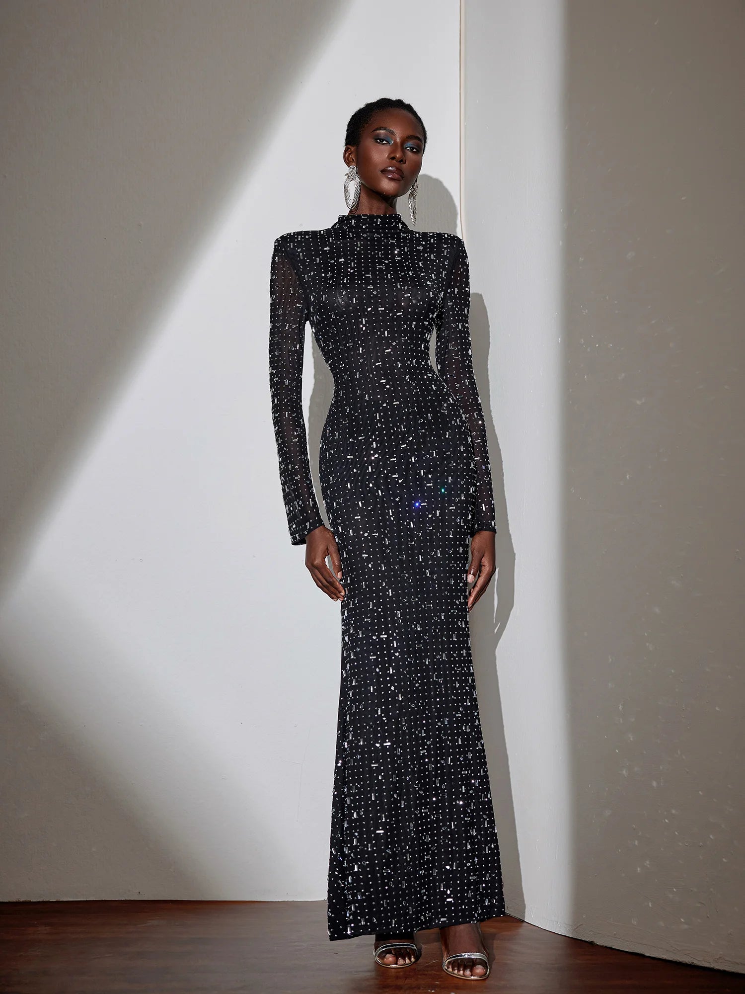 Rhinestone Mesh Fitted Maxi Dress|NOOSGOP