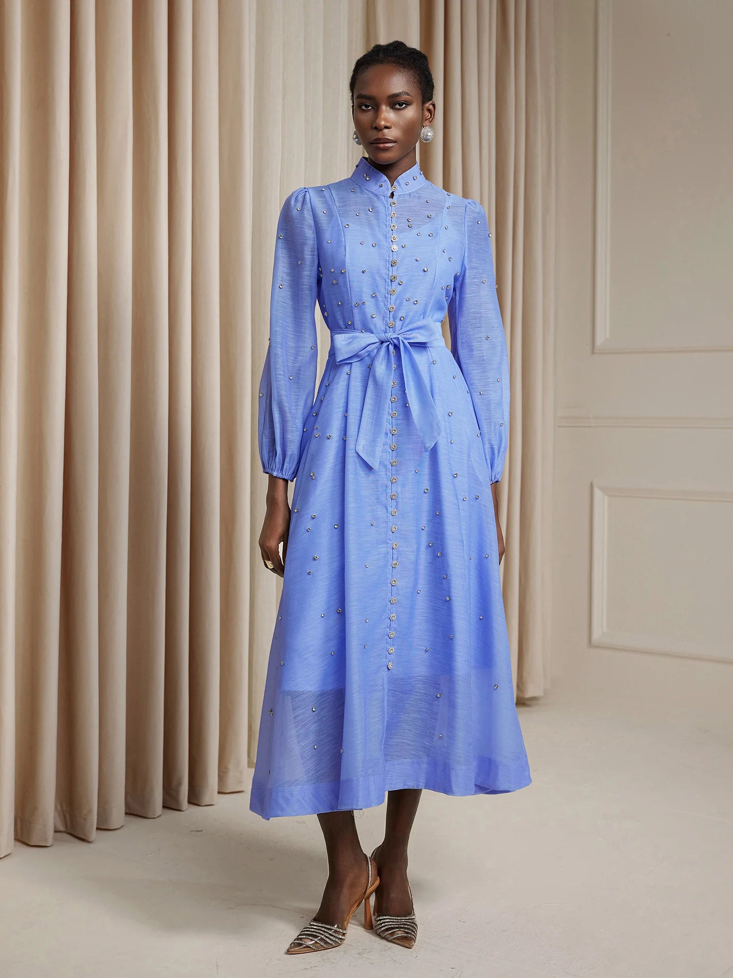 Rhinestone Sheer Tie Midi Dress|NOOSGOP