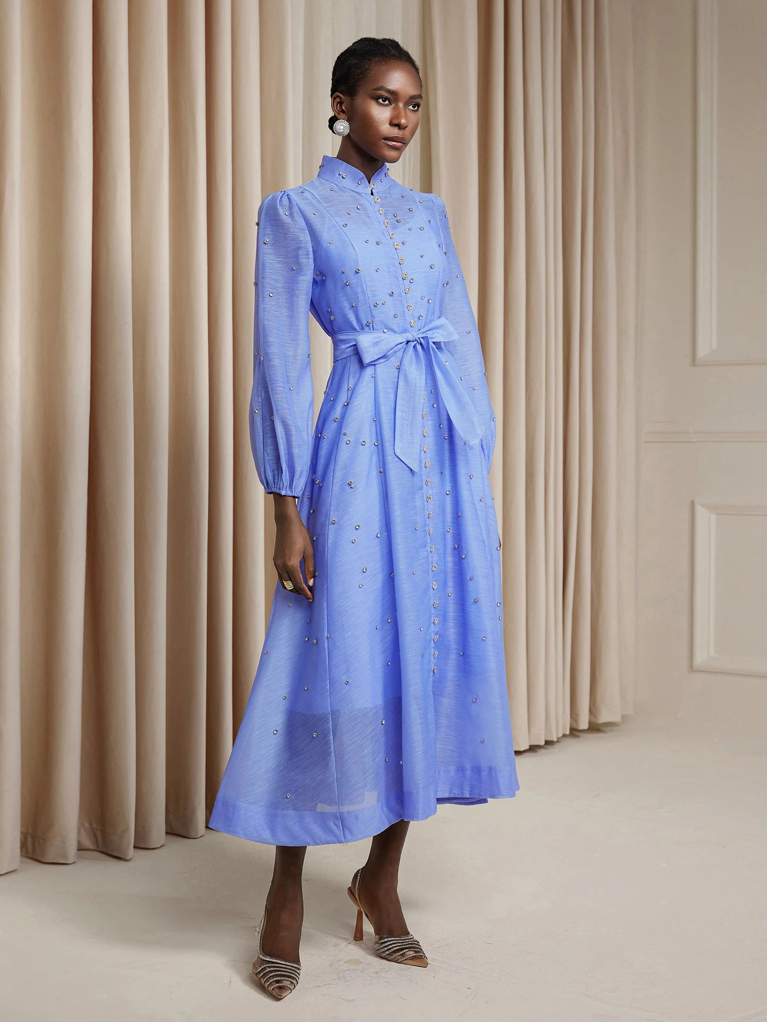 Rhinestone Sheer Tie Midi Dress|NOOSGOP