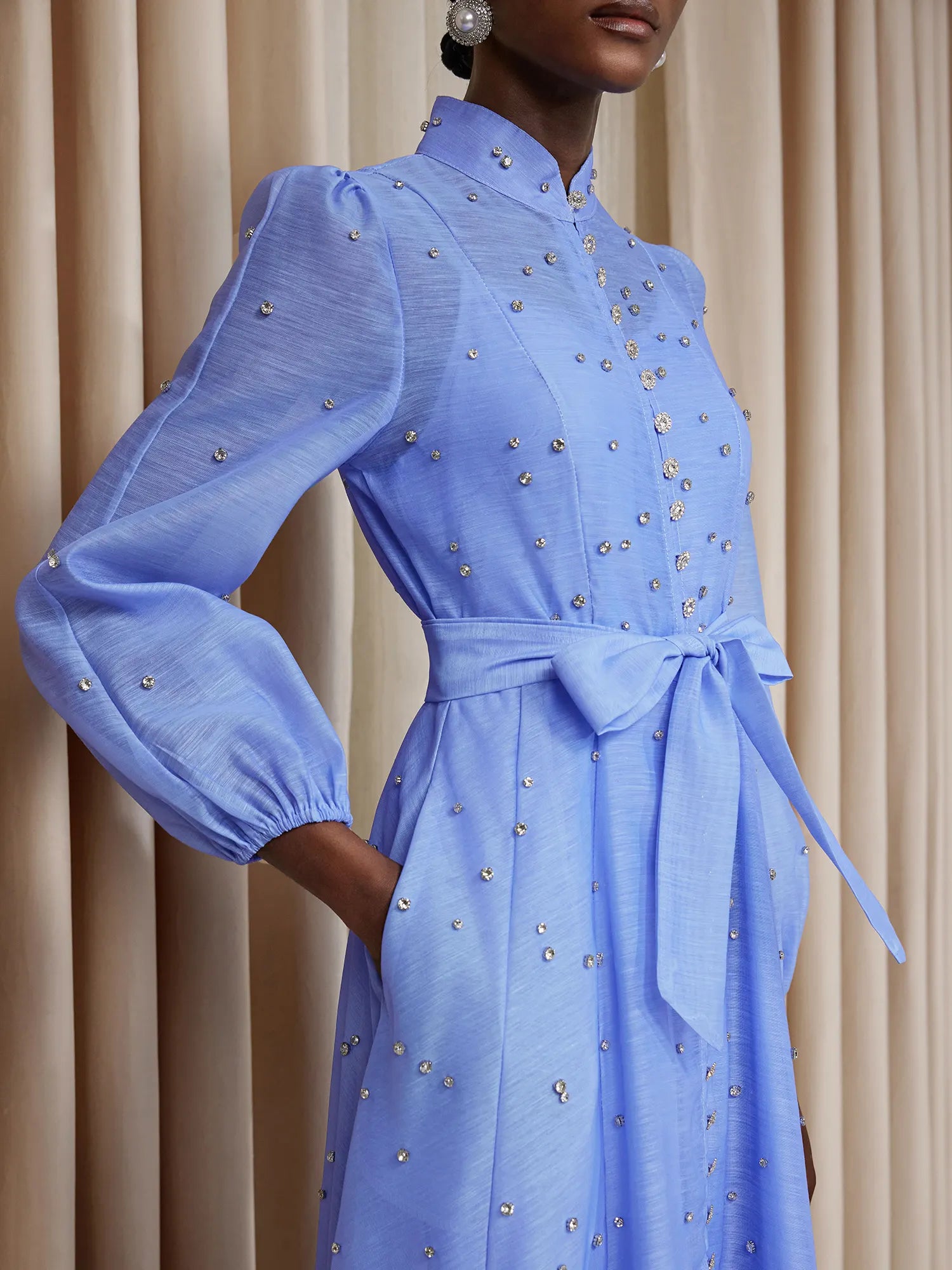 Rhinestone Sheer Tie Midi Dress|NOOSGOP