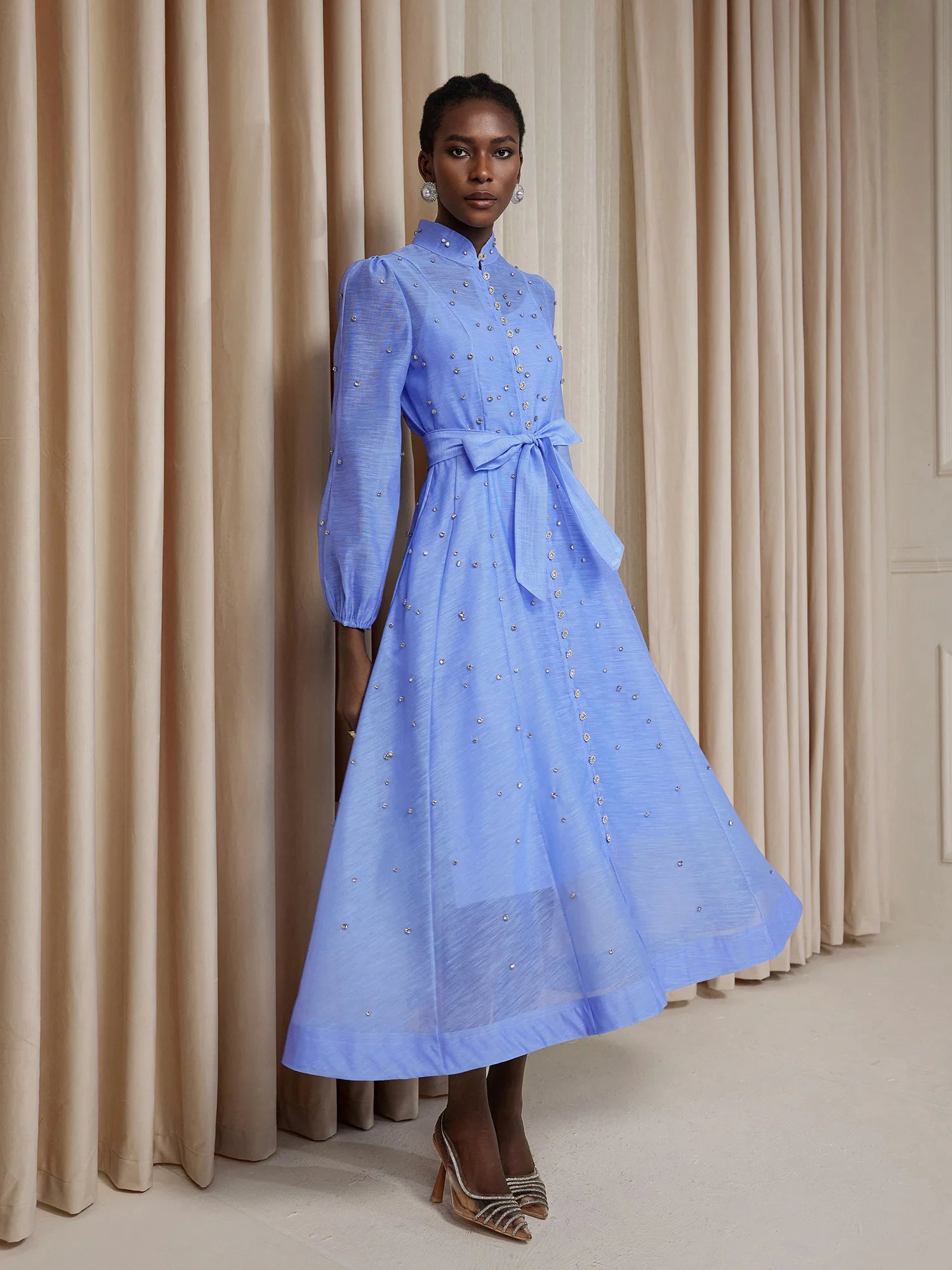 Rhinestone Sheer Tie Midi Dress|NOOSGOP