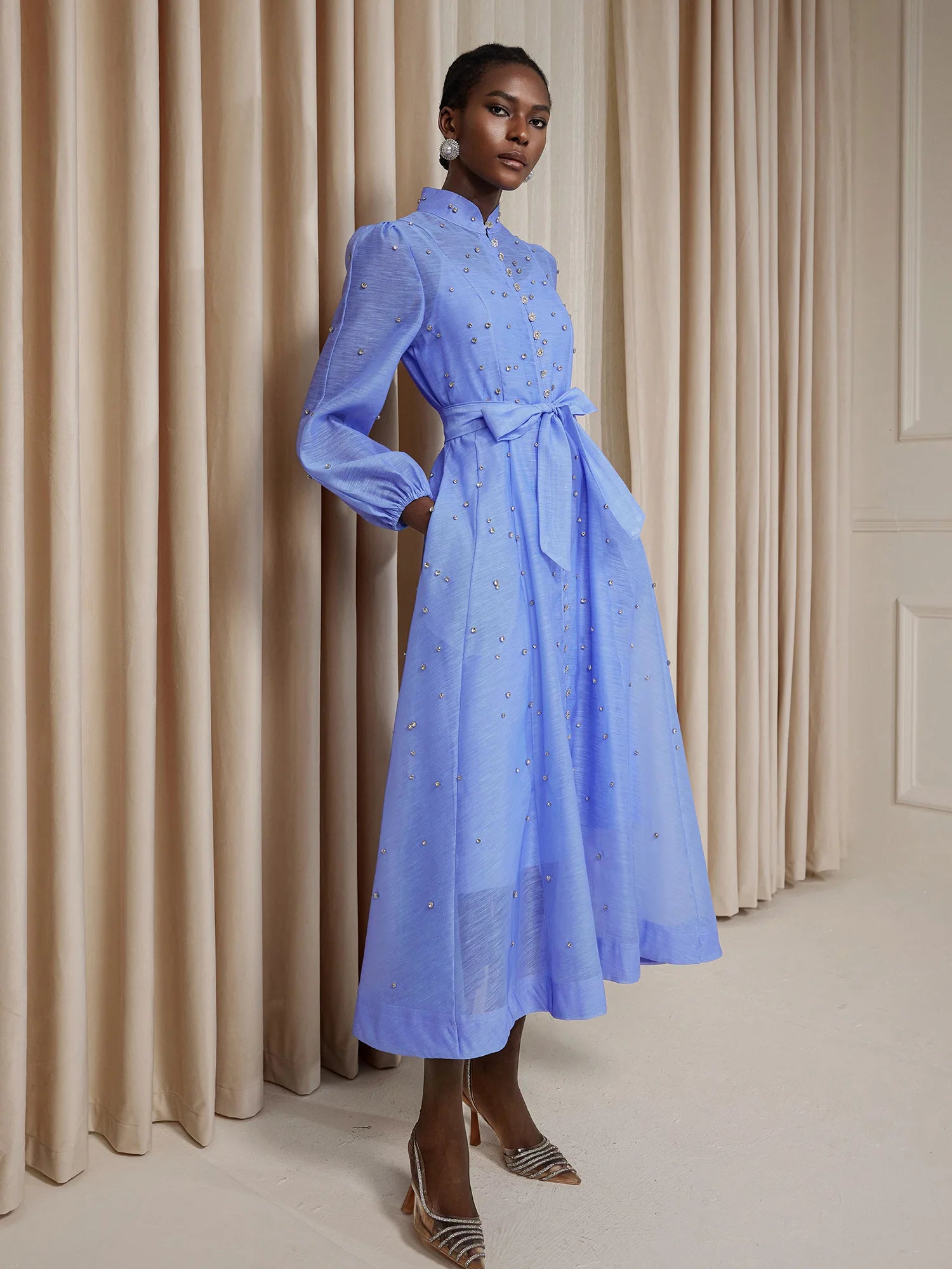 Rhinestone Sheer Tie Midi Dress|NOOSGOP